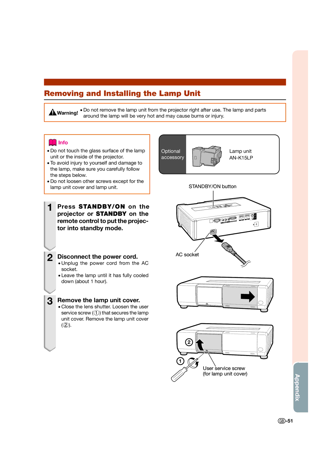 Sharp XV-Z15000 operation manual Removing and Installing the Lamp Unit, Remove the lamp unit cover 