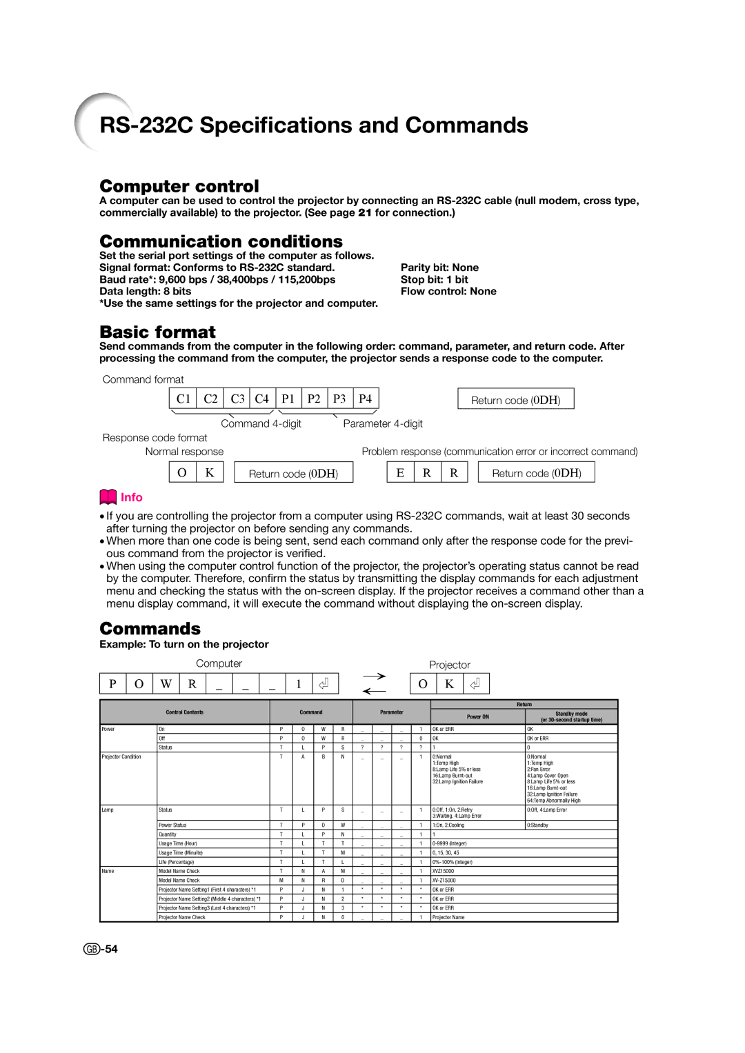 Sharp XV-Z15000 operation manual RS-232C Speciﬁcations and Commands, Computer control 