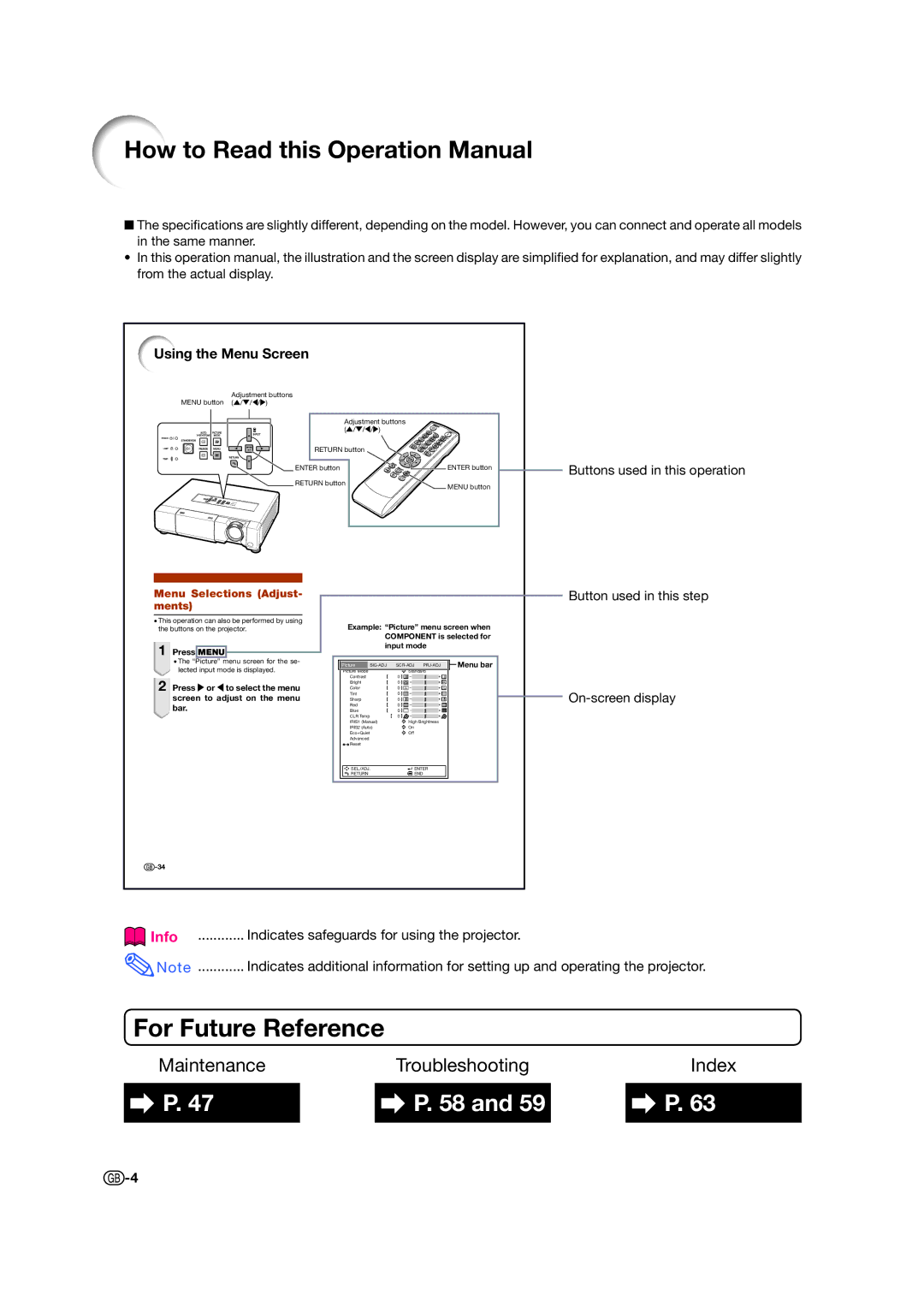 Sharp XV-Z15000 operation manual Info Indicates safeguards for using the projector, Buttons used in this operation 