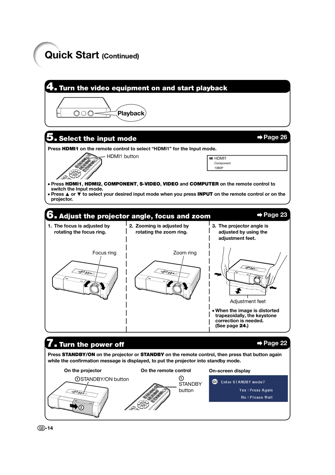 Sharp XV-Z15000 Turn the video equipment on and start playback, Select the input mode, Turn the power off, Playback 