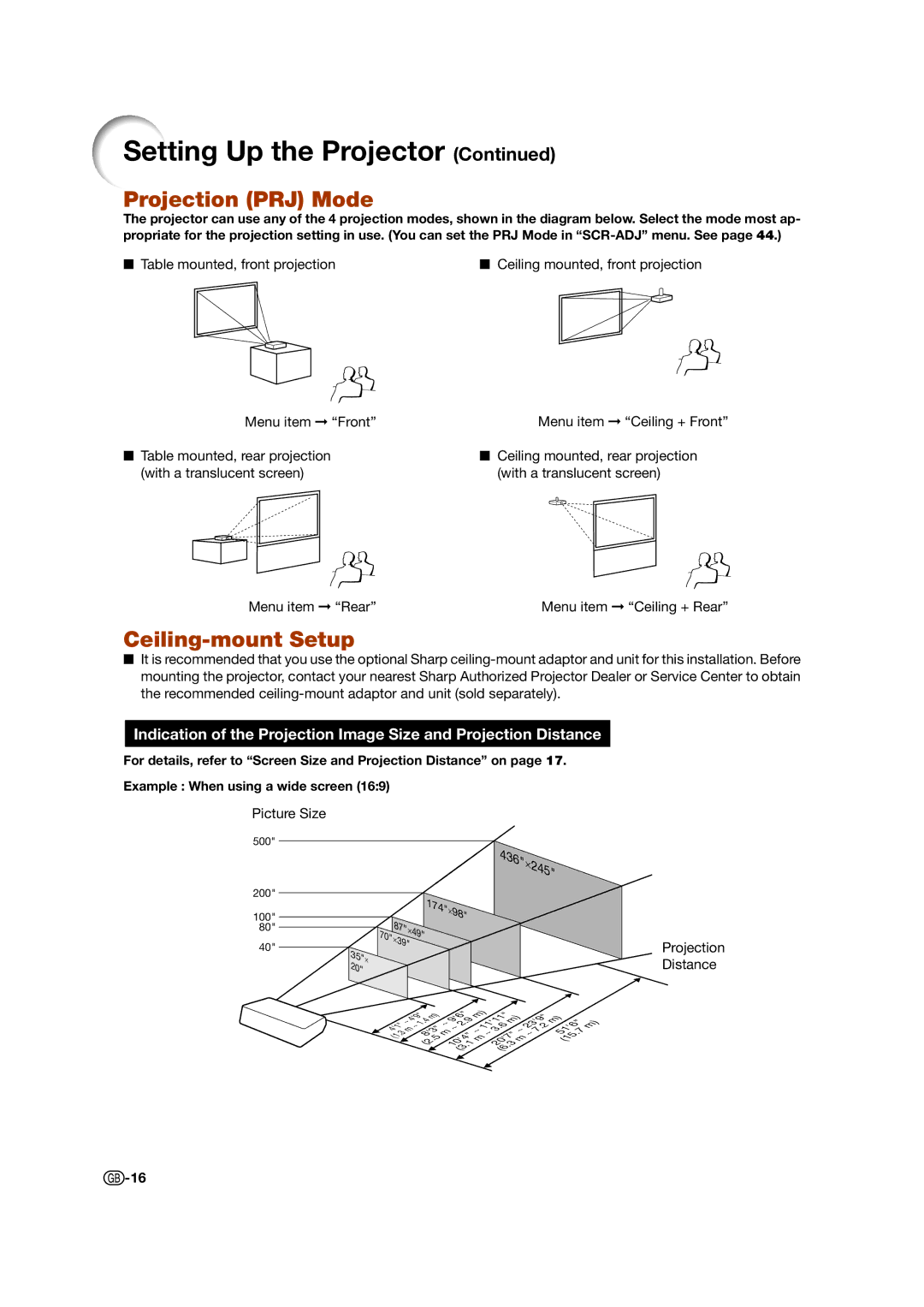 Sharp XV-Z15000 operation manual Projection PRJ Mode, Ceiling-mount Setup, Picture Size, 174, Projection Distance 