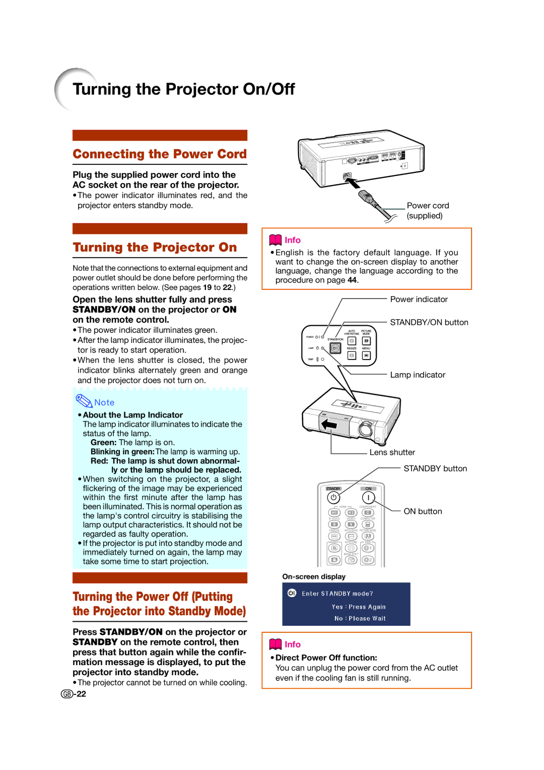 Sharp XV-Z15000 operation manual Turning the Projector On/Off, Connecting the Power Cord, About the Lamp Indicator 