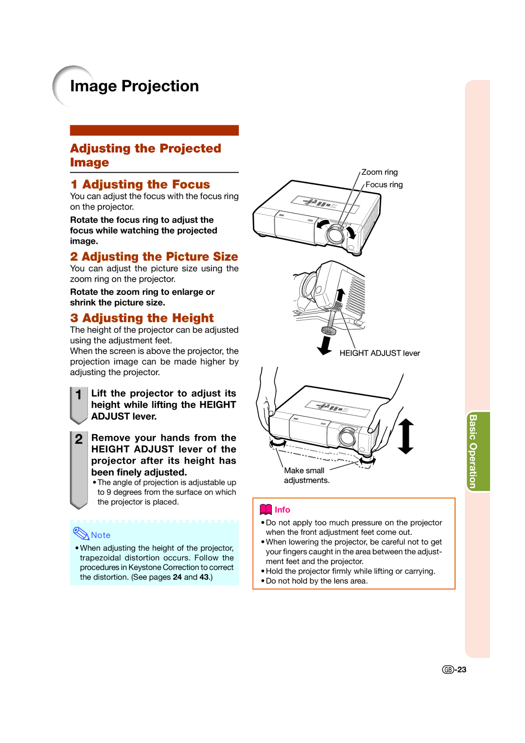 Sharp XV-Z15000 Image Projection, Adjusting the Projected Image, Adjusting the Focus, Adjusting the Picture Size 