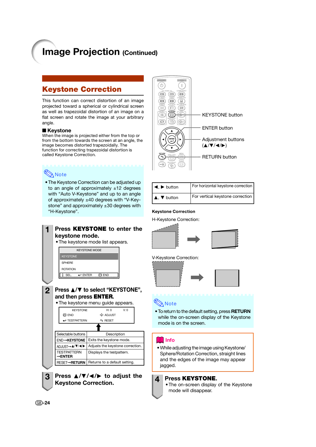 Sharp XV-Z15000 operation manual Keystone Correction, Press Keystone to enter the keystone mode 