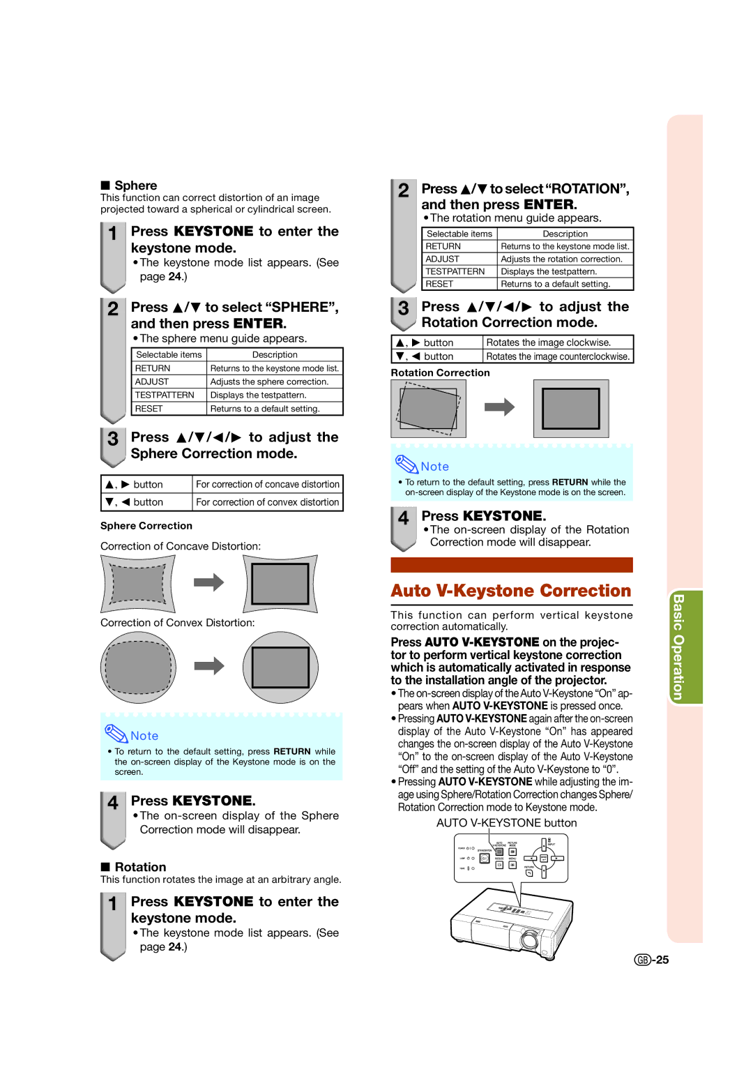 Sharp XV-Z15000 operation manual Auto V-Keystone Correction, Press P/R to select SPHERE, and then press Enter 