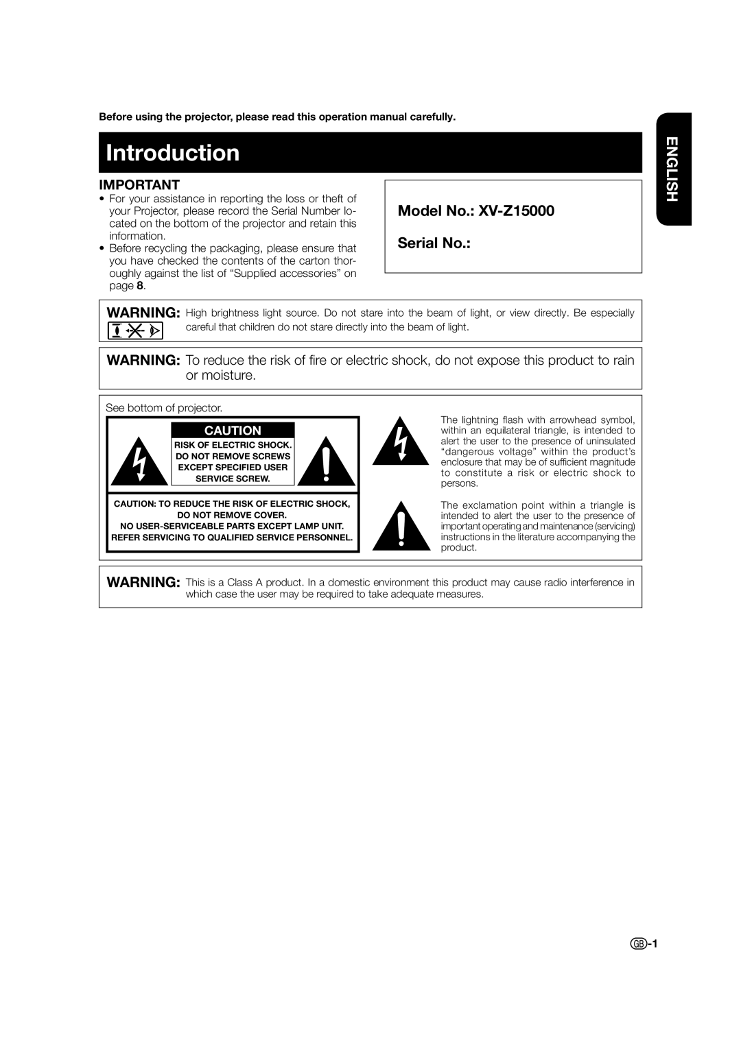 Sharp XV-Z15000 operation manual Introduction, See bottom of projector 