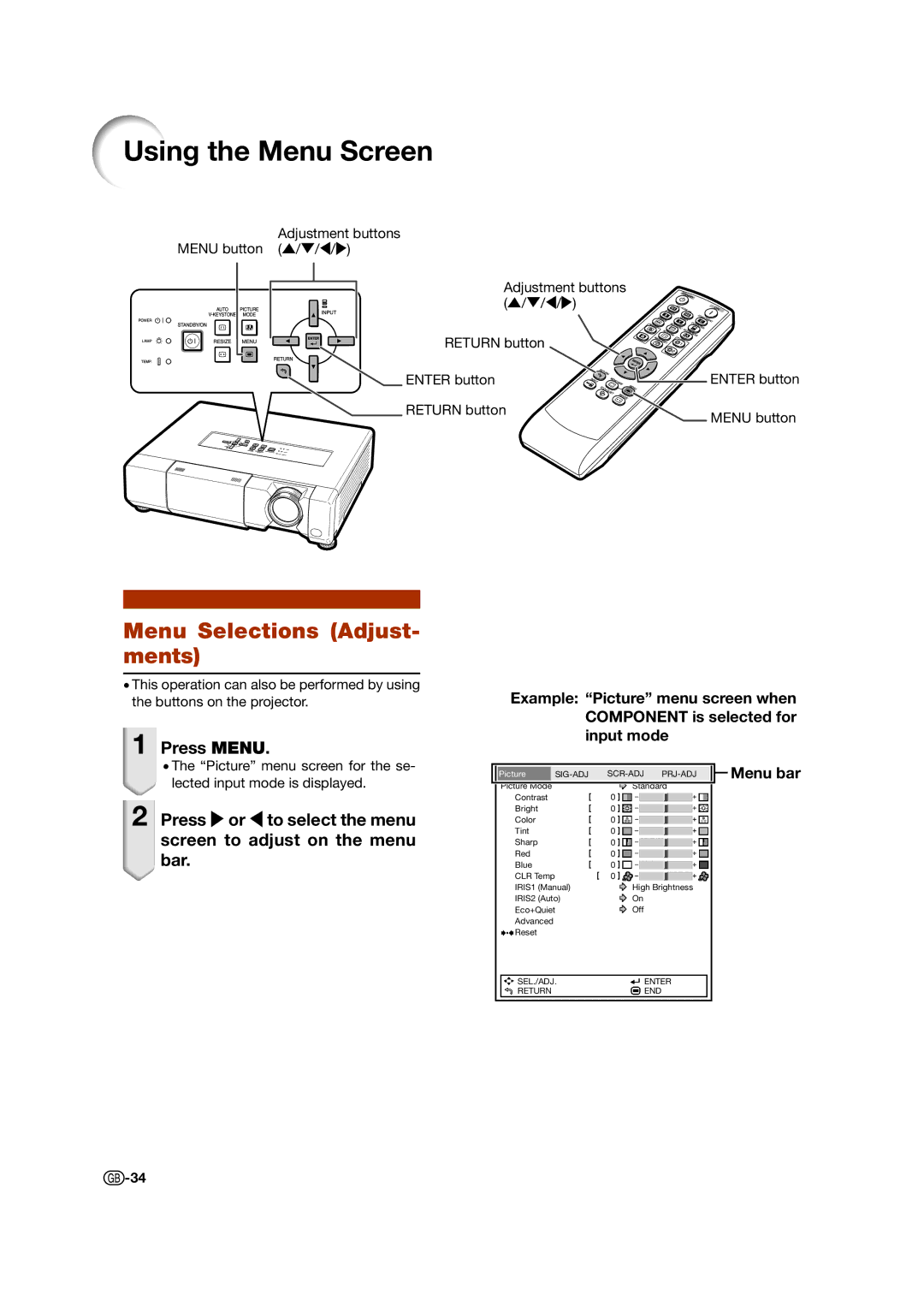 Sharp XV-Z15000 operation manual Using the Menu Screen, Menu Selections Adjust- ments 