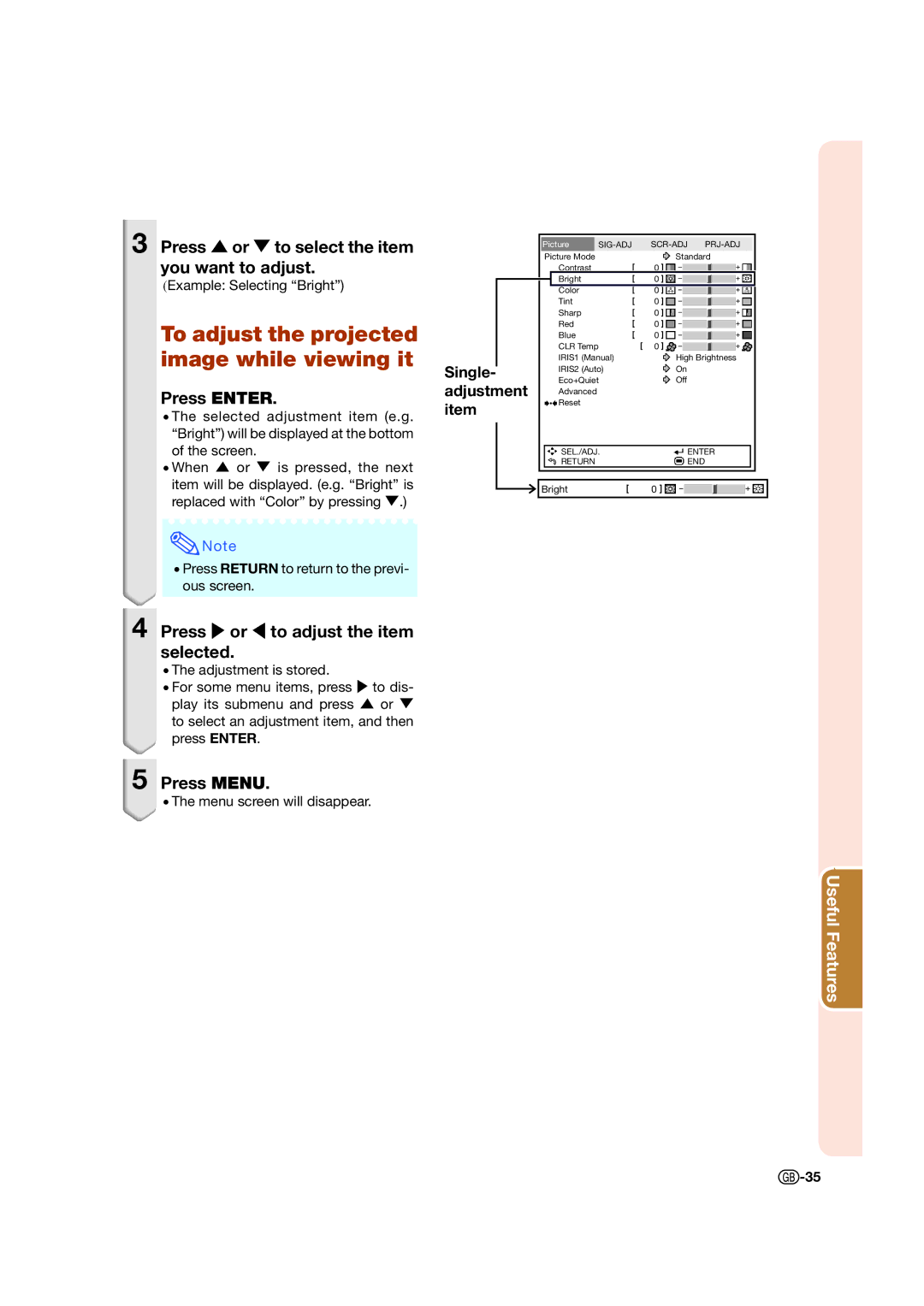 Sharp XV-Z15000 To adjust the projected image while viewing it, Press or to select the item you want to adjust 