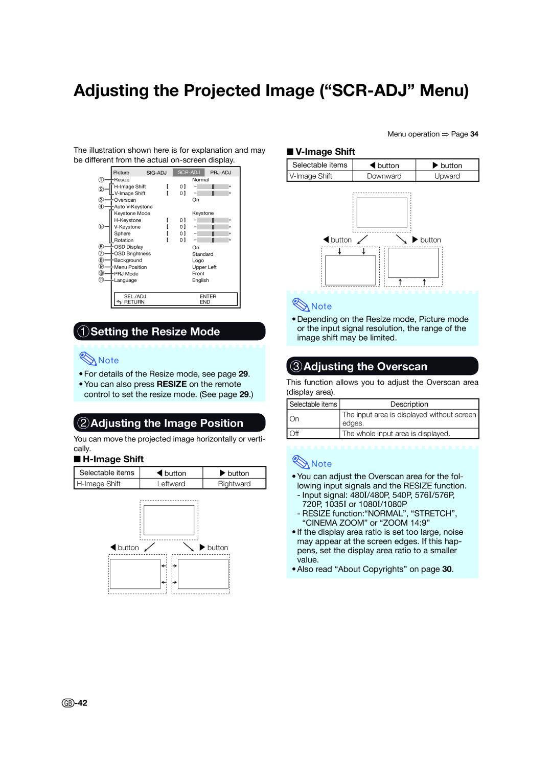 Sharp XV-Z15000 Adjusting the Projected Image SCR-ADJ Menu, 1Setting the Resize Mode, 2Adjusting the Image Position 