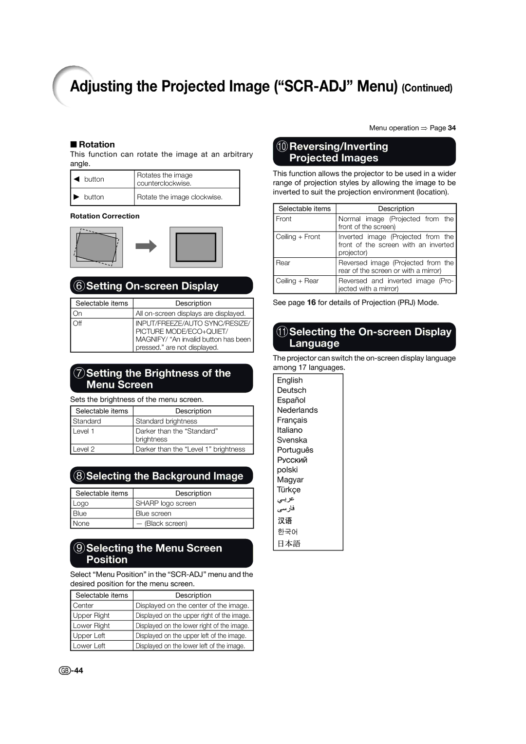 Sharp XV-Z15000 6Setting On-screen Display, 7Setting the Brightness Menu Screen, 8Selecting the Background Image 