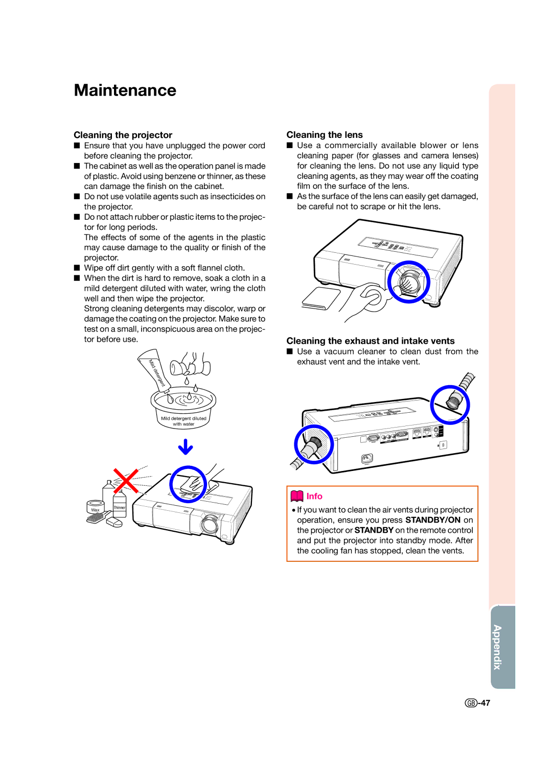 Sharp XV-Z15000 Maintenance, Cleaning the projector, Cleaning the lens, Cleaning the exhaust and intake vents 