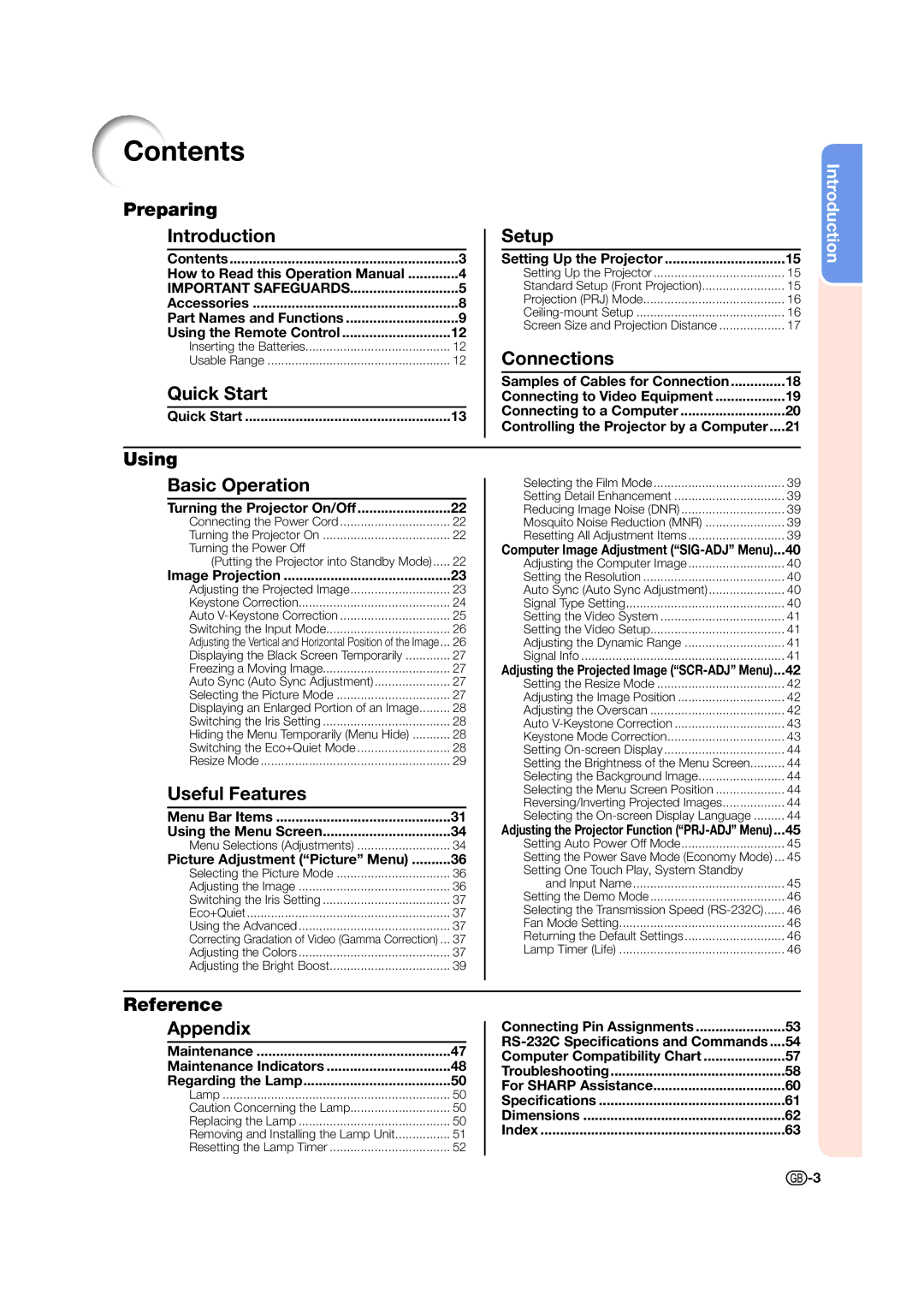 Sharp XV-Z15000 operation manual Contents 