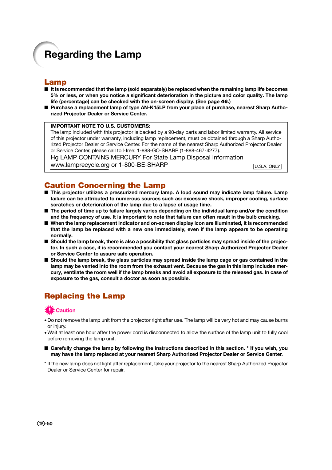 Sharp XV-Z15000 operation manual Regarding the Lamp, Replacing the Lamp 