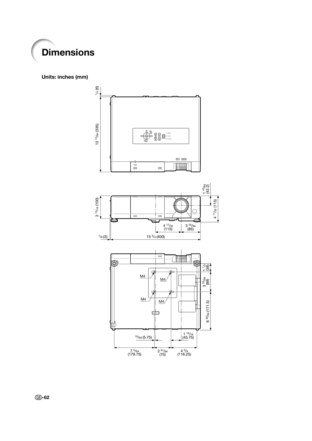 Sharp XV-Z15000 operation manual Dimensions, Units inches mm 