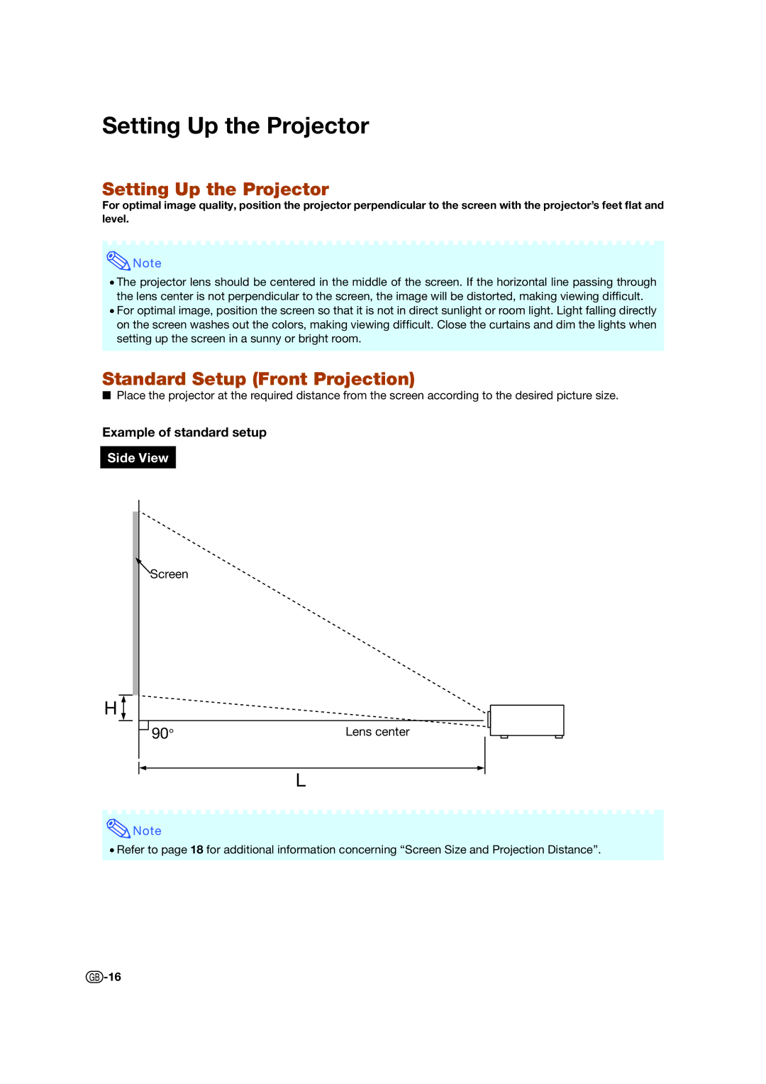 Sharp XV-Z17000 Setting Up the Projector, Standard Setup Front Projection, Example of standard setup, Lens center 