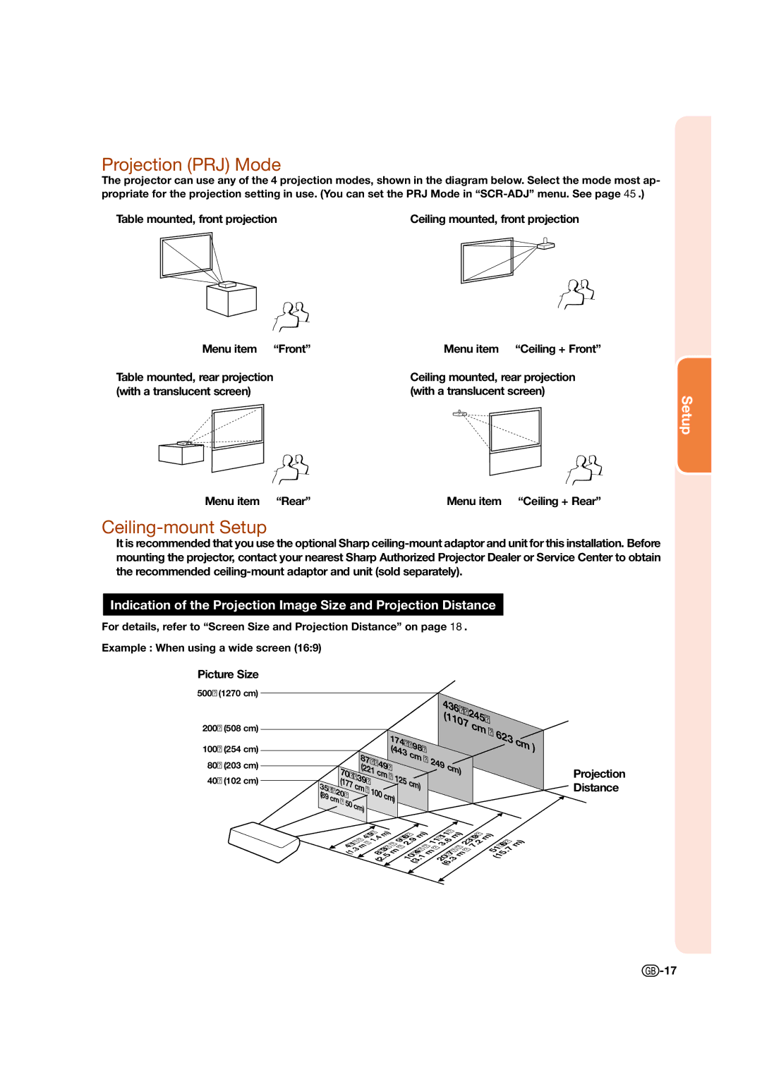 Sharp XV-Z17000 operation manual Projection PRJ Mode, Ceiling-mount Setup 