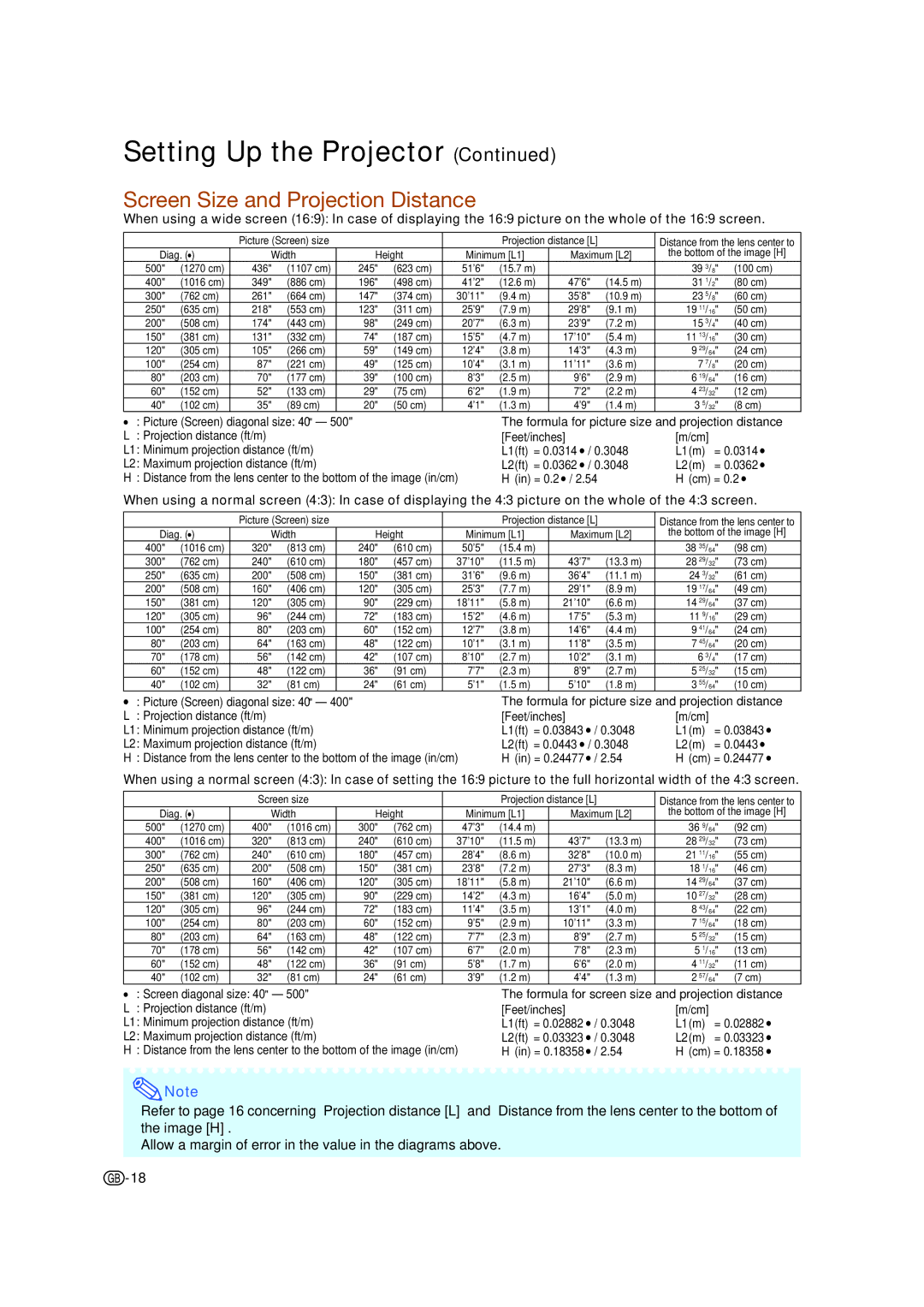 Sharp XV-Z17000 operation manual Screen Size and Projection Distance 