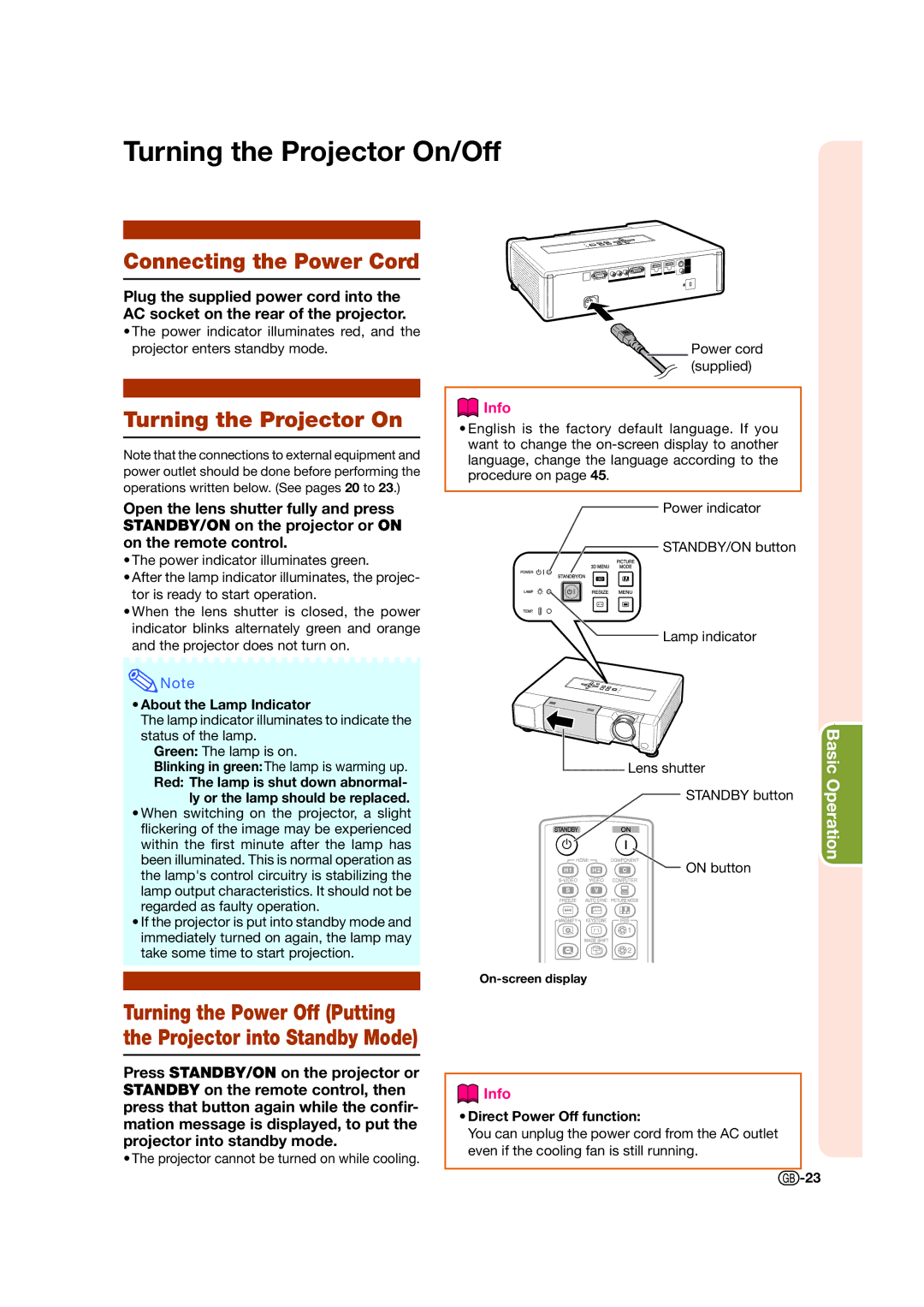 Sharp XV-Z17000 operation manual Turning the Projector On/Off, Connecting the Power Cord, About the Lamp Indicator 