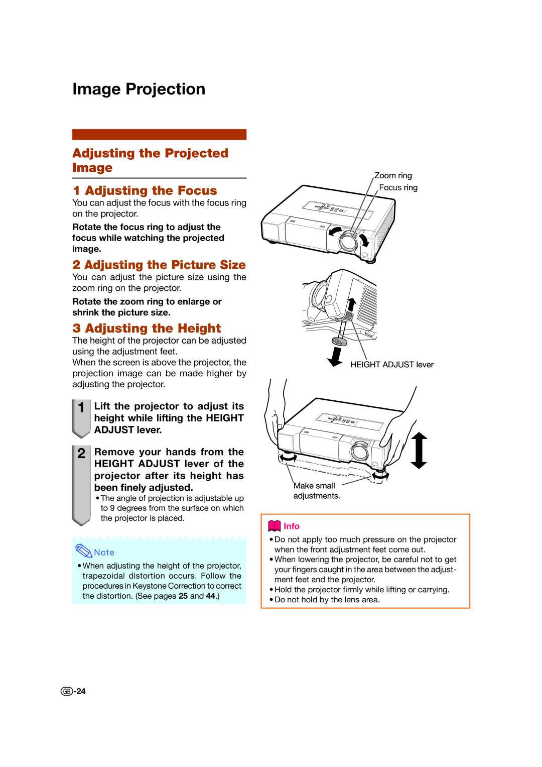 Sharp XV-Z17000 Image Projection, Adjusting the Projected Image, Adjusting the Focus, Adjusting the Picture Size 