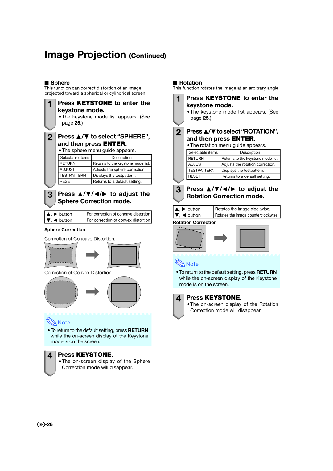 Sharp XV-Z17000 Press P/R to select SPHERE, and then press Enter, Press P/R/O/Q to adjust Sphere Correction mode,  Sphere 