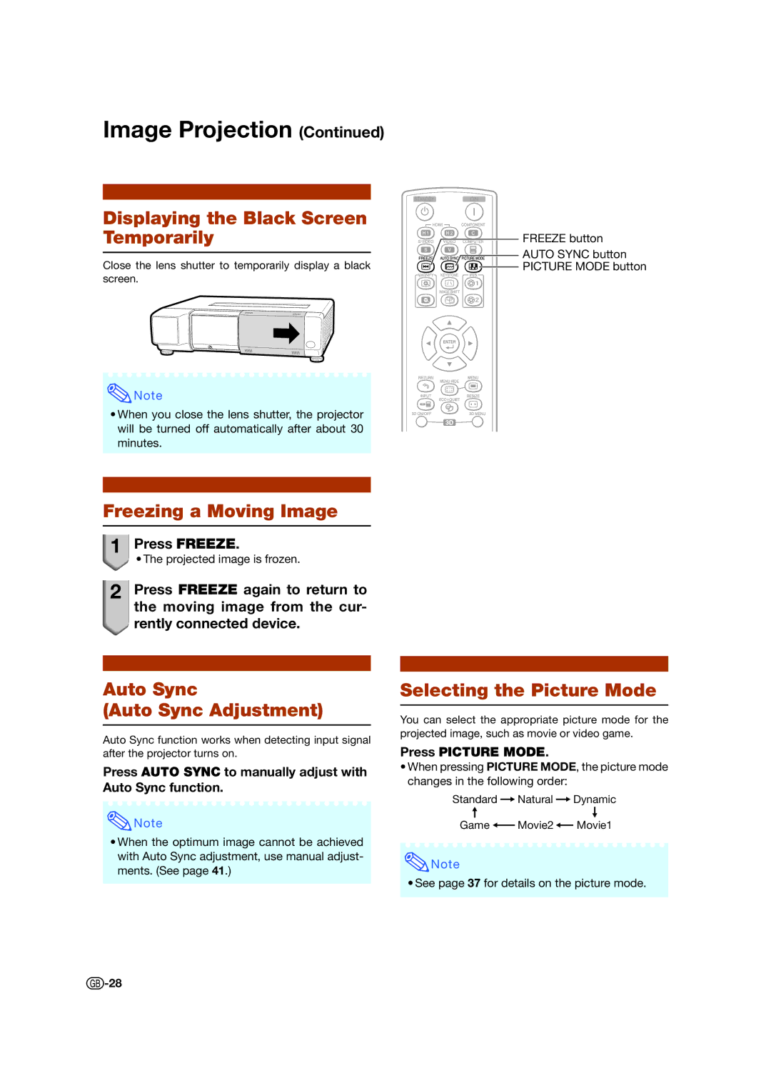 Sharp XV-Z17000 Displaying the Black Screen Temporarily, Freezing a Moving Image, Auto Sync Auto Sync Adjustment 