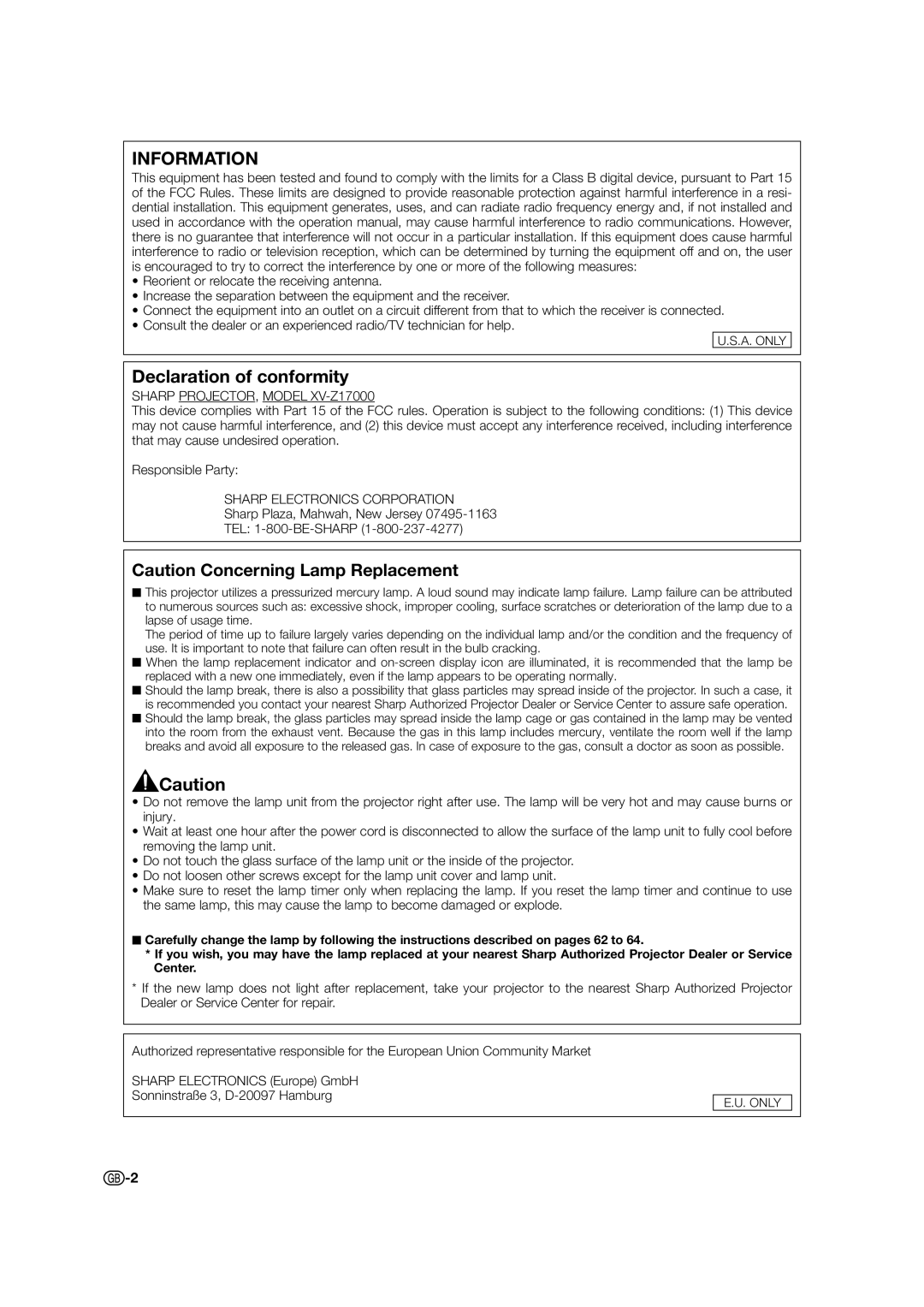 Sharp XV-Z17000 operation manual Information, Declaration of conformity 