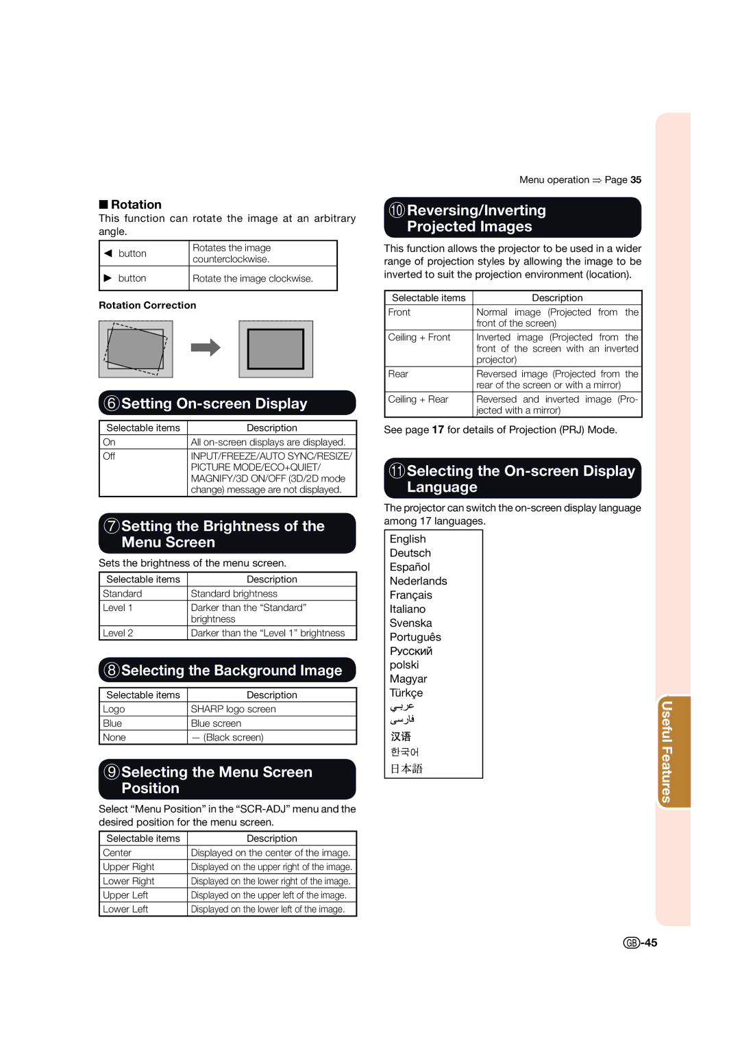 Sharp XV-Z17000 6Setting On-screen Display, 7Setting the Brightness Menu Screen, 8Selecting the Background Image 