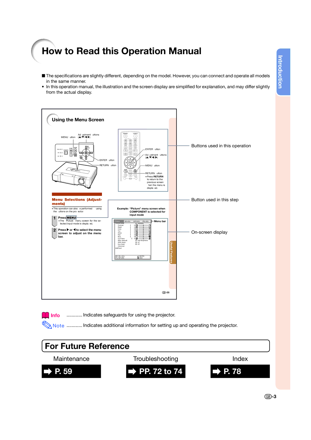 Sharp XV-Z17000 operation manual Using the Menu Screen, Info Indicates safeguards for using the projector 