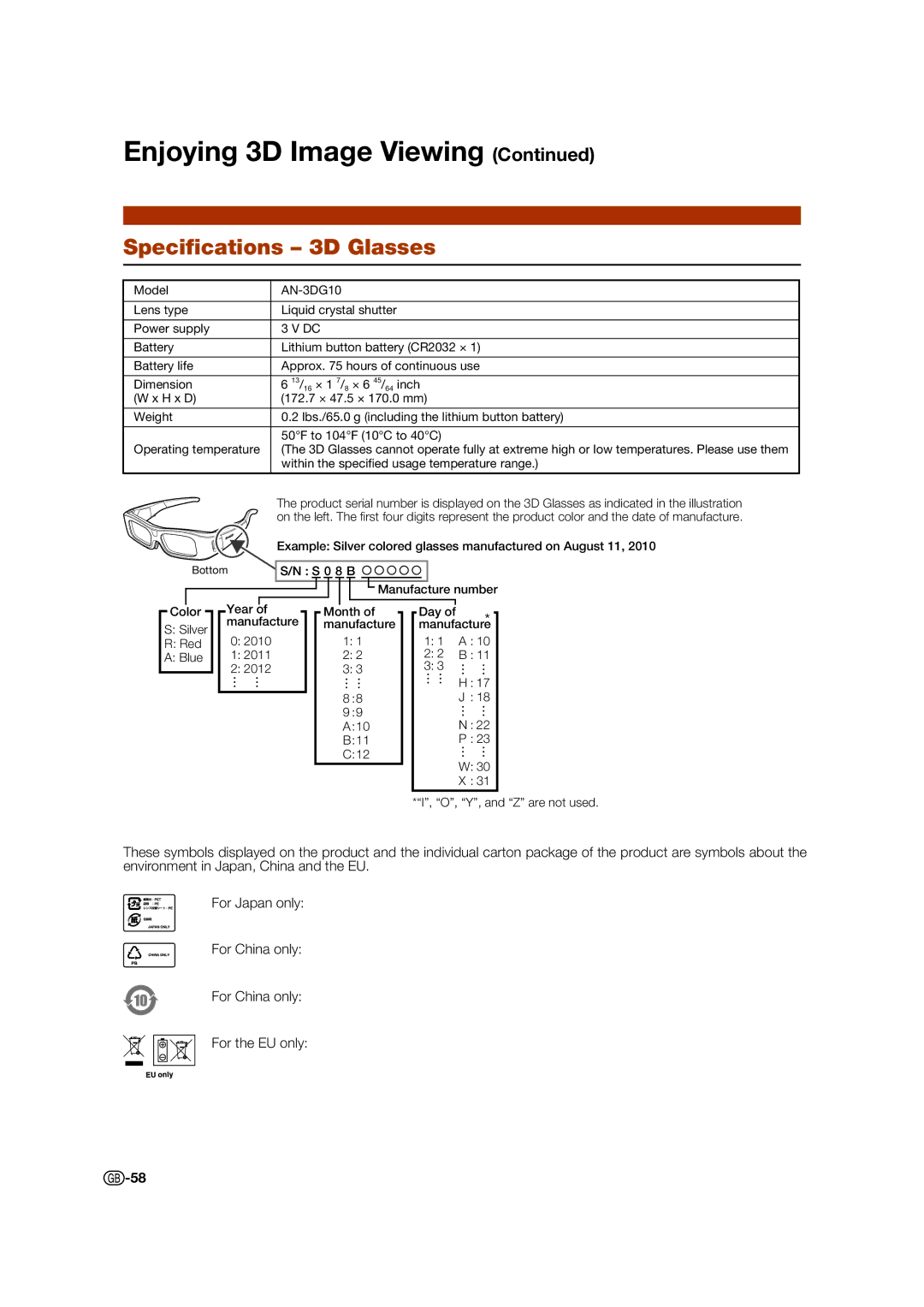 Sharp XV-Z17000 operation manual Speciﬁcations 3D Glasses 