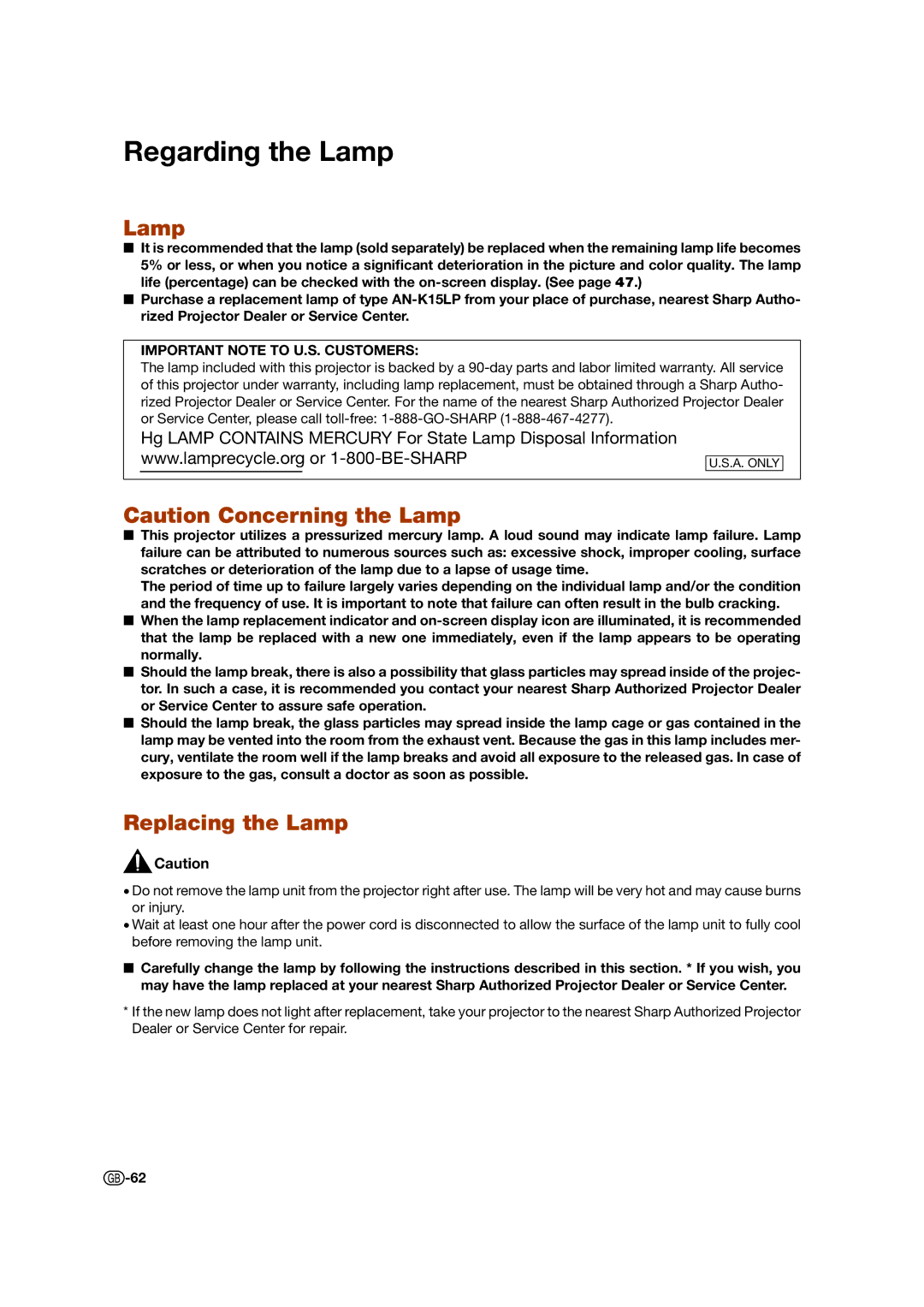 Sharp XV-Z17000 operation manual Regarding the Lamp, Replacing the Lamp 