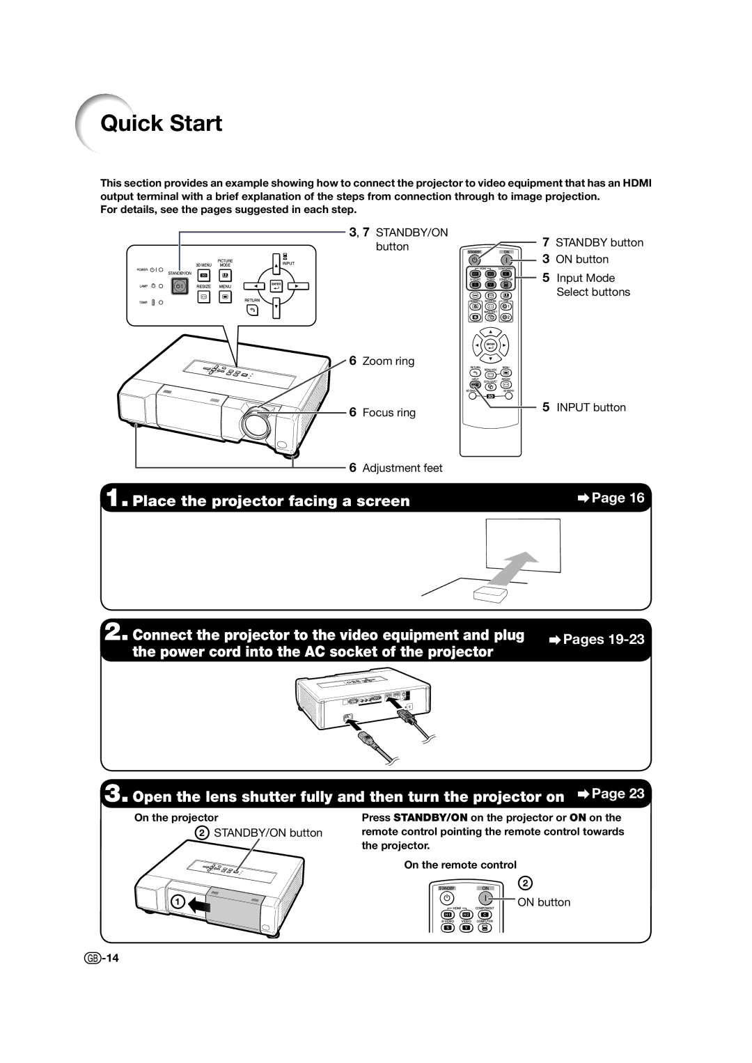 Sharp XV-Z17000 operation manual Quick Start, Place the projector facing a screen 