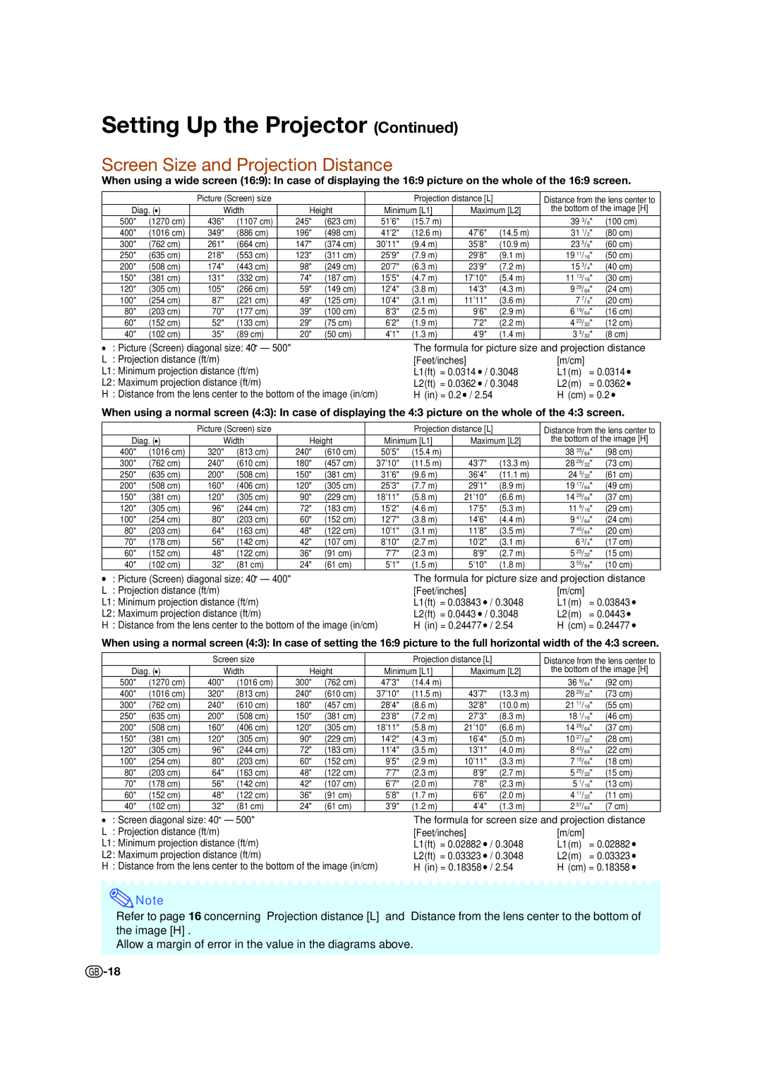 Sharp XV-Z17000 operation manual Screen Size and Projection Distance 