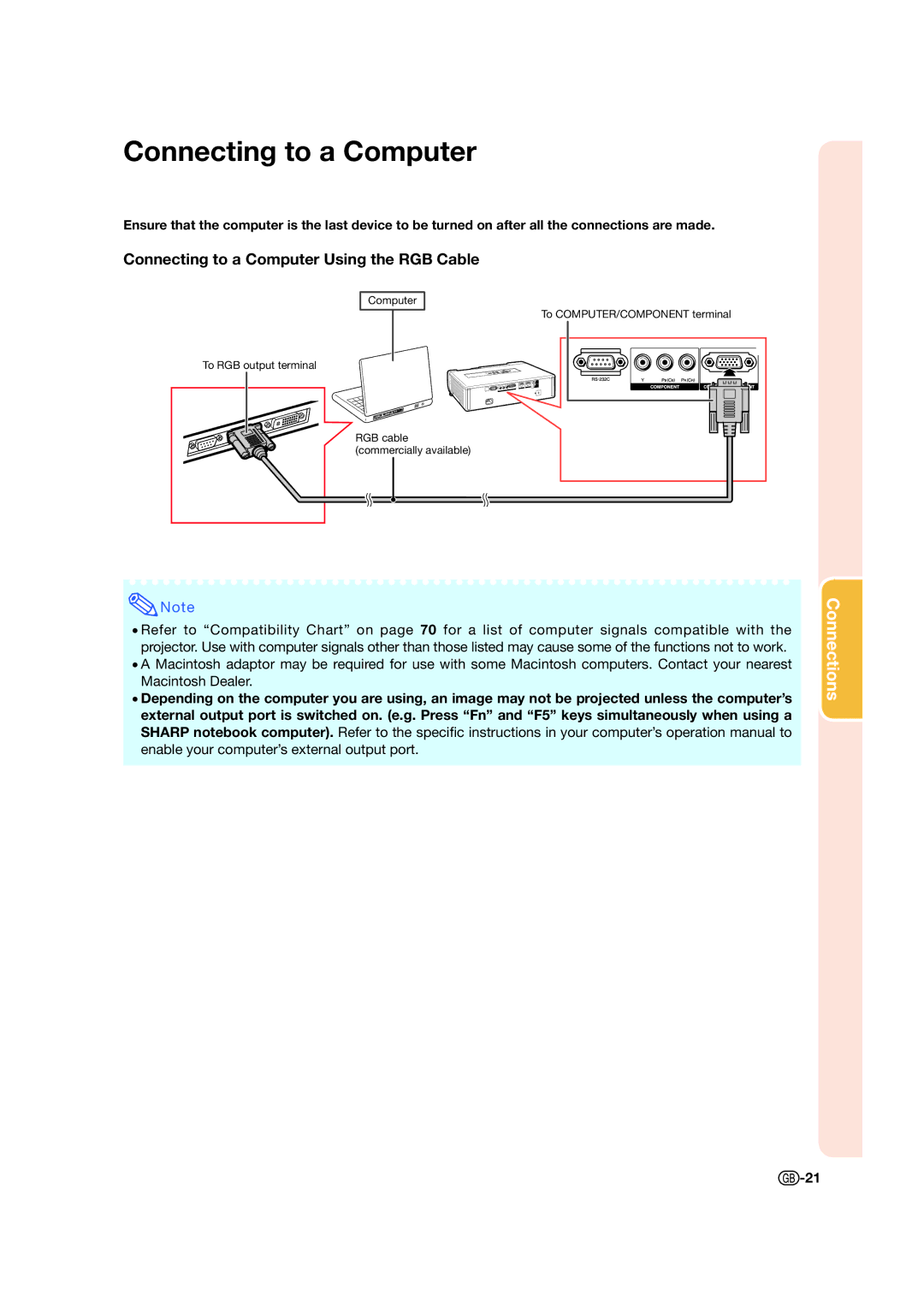 Sharp XV-Z17000 operation manual Connecting to a Computer Using the RGB Cable 