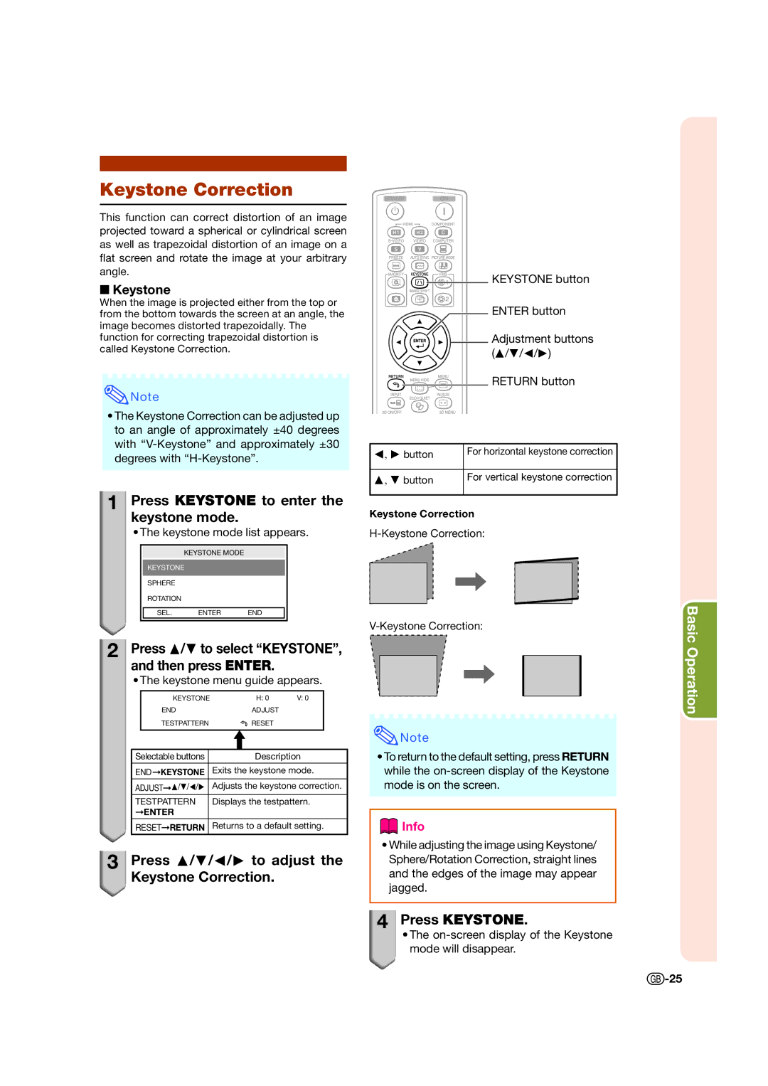 Sharp XV-Z17000 operation manual Keystone Correction, Press Keystone to enter the keystone mode,  Keystone 