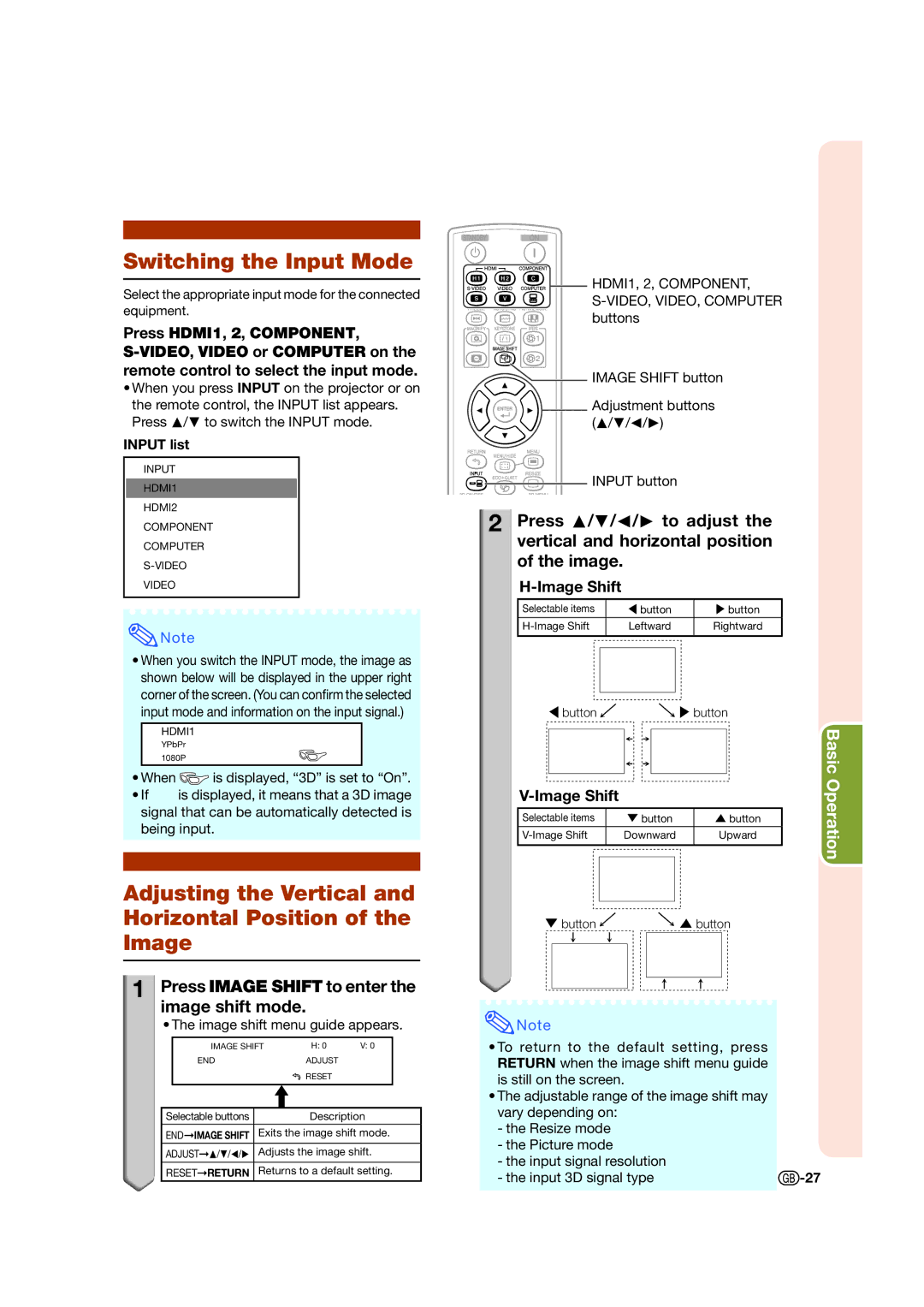 Sharp XV-Z17000 operation manual Switching the Input Mode, Adjusting the Vertical Horizontal Position Image, Image Shift 