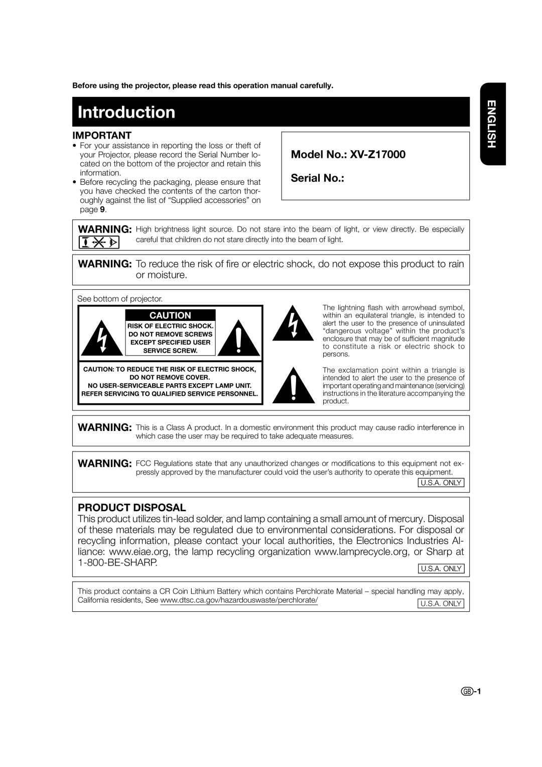 Sharp XV-Z17000 operation manual Introduction, See bottom of projector 