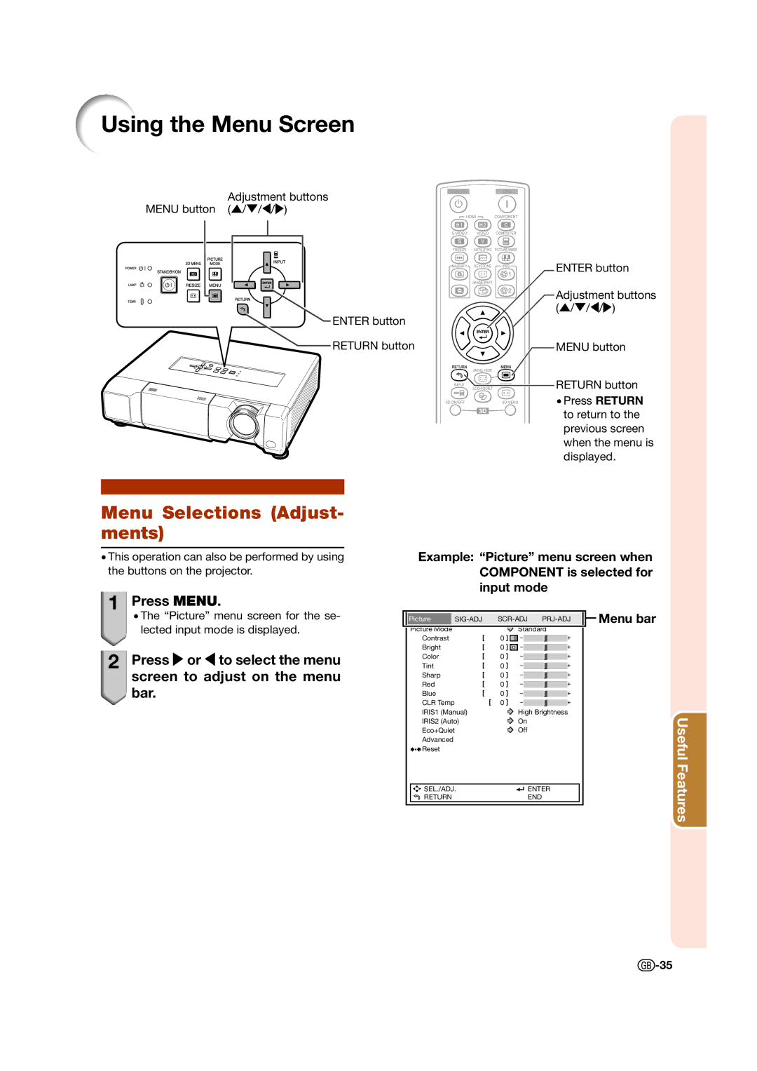 Sharp XV-Z17000 operation manual Using the Menu Screen, Menu Selections Adjust- ments, Press Menu 