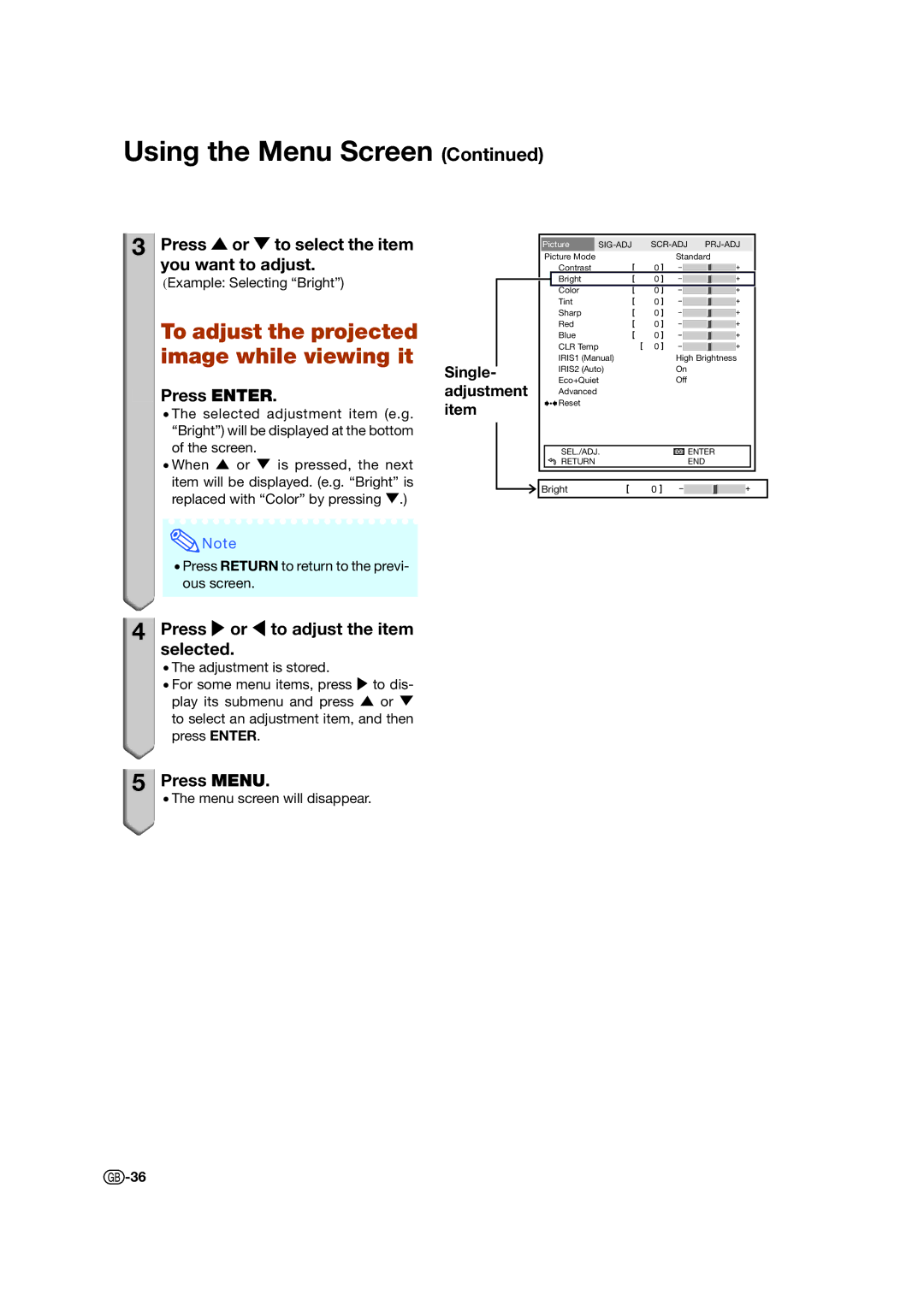 Sharp XV-Z17000 To adjust the projected image while viewing it, Press or to select the item, You want to adjust 