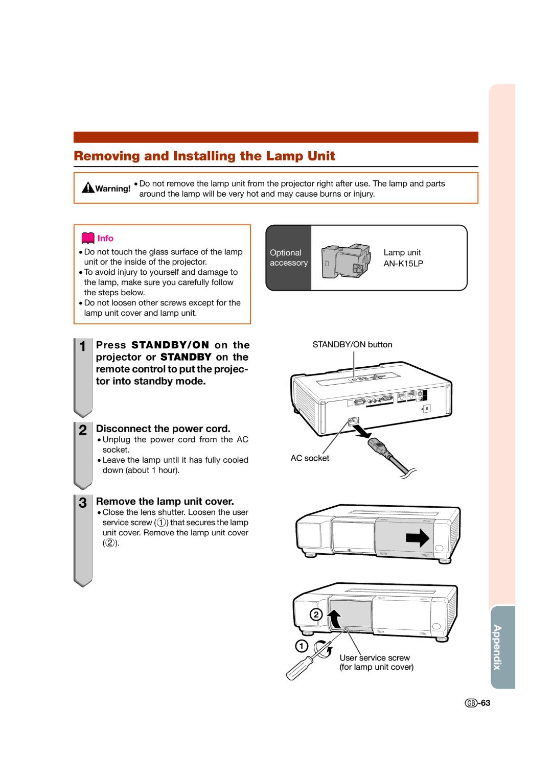 Sharp XV-Z17000 operation manual Removing and Installing the Lamp Unit, Remove the lamp unit cover 