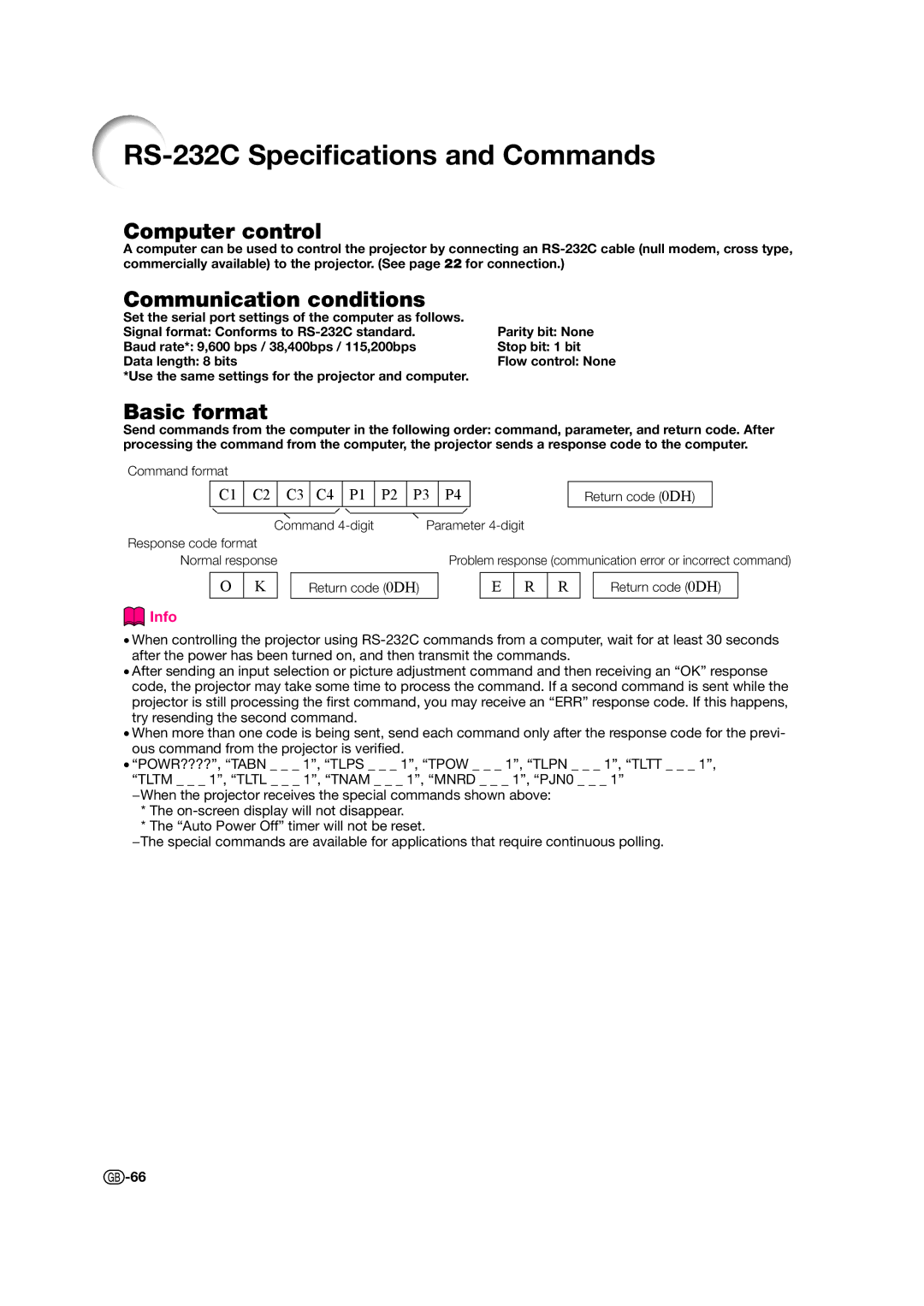 Sharp XV-Z17000 operation manual RS-232C Speciﬁcations and Commands, Computer control 