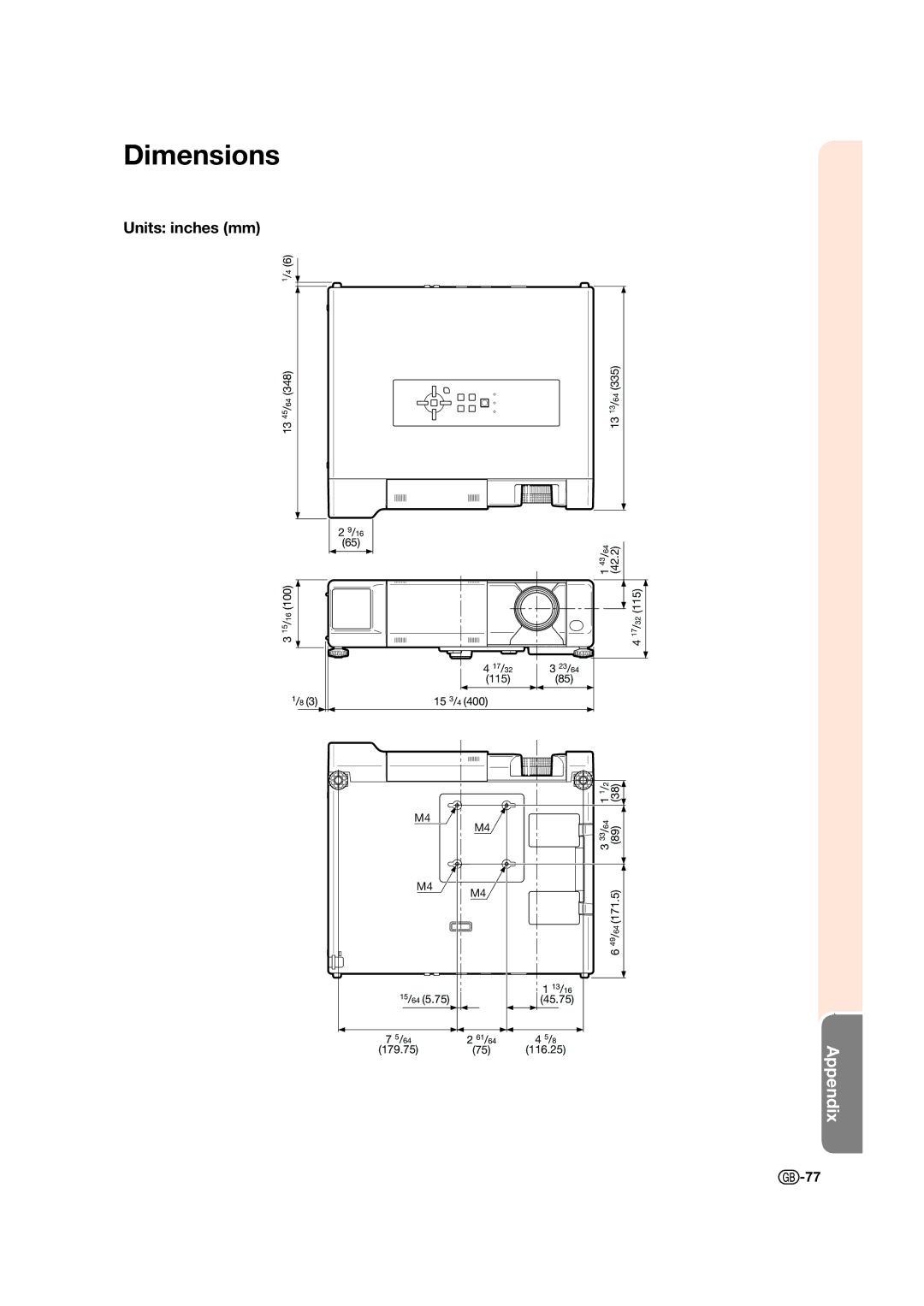 Sharp XV-Z17000 operation manual Dimensions, Units inches mm 