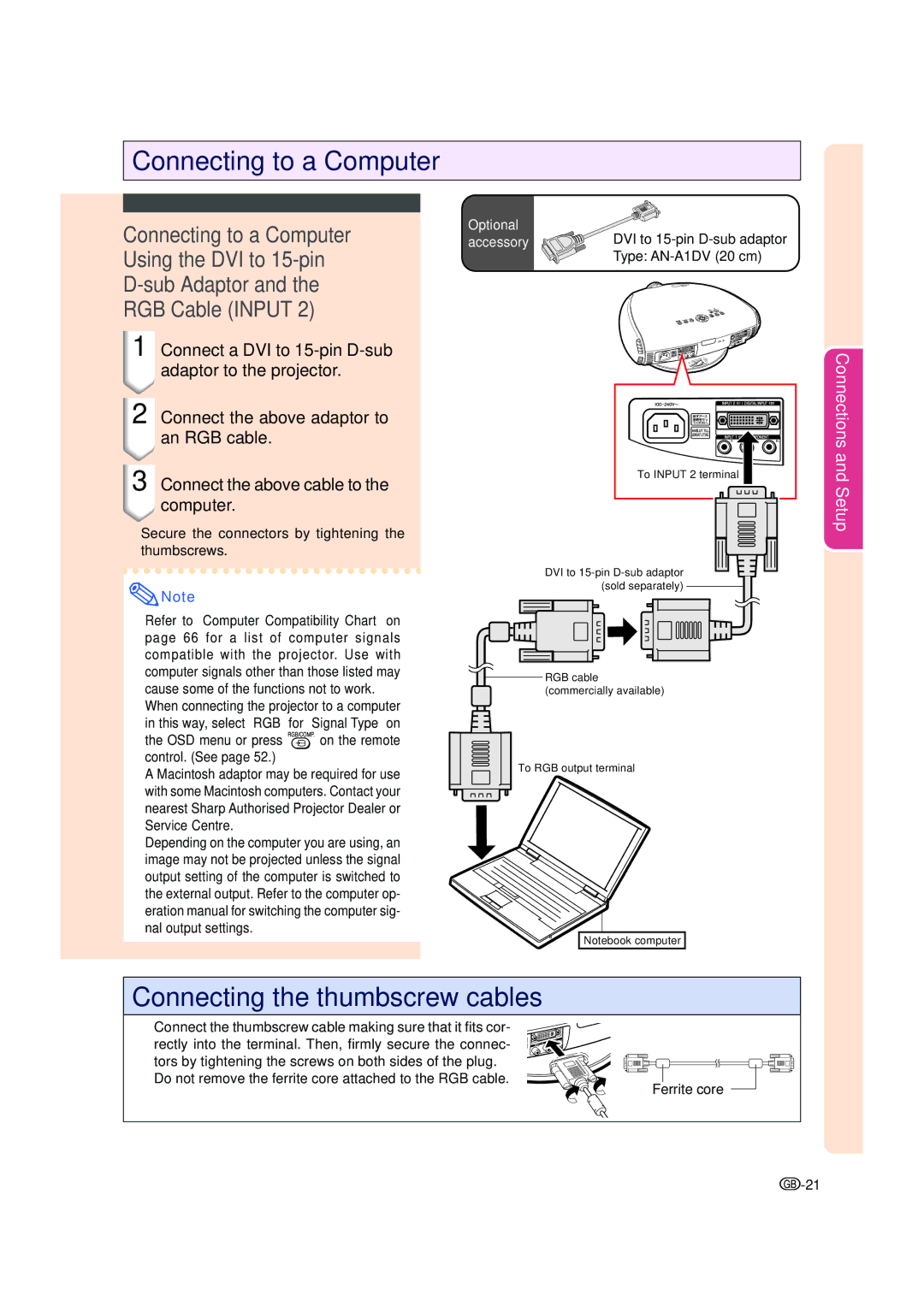 Sharp XV-Z200E operation manual Connecting to a Computer 