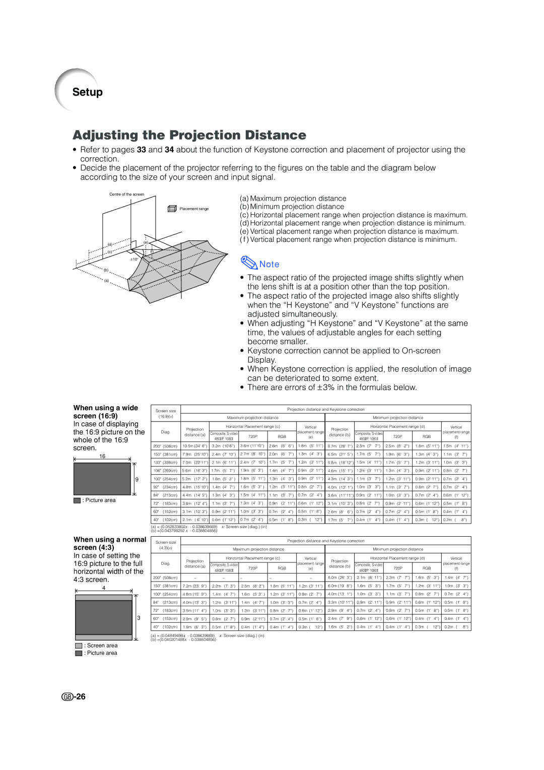 Sharp XV-Z200E operation manual Adjusting the Projection Distance, When using a normal screen 