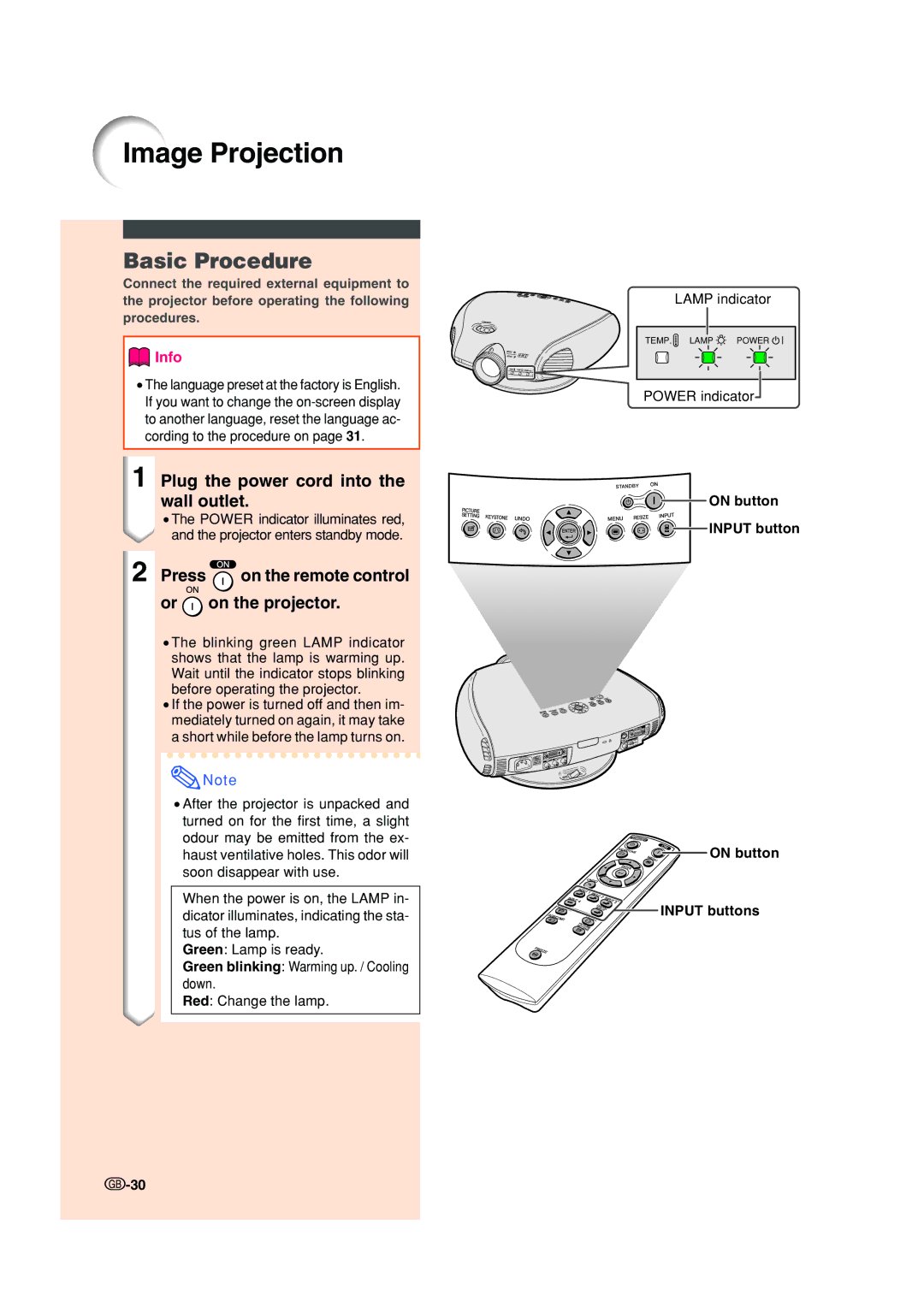 Sharp XV-Z200E operation manual Image Projection, Basic Procedure, Plug the power cord into the wall outlet 