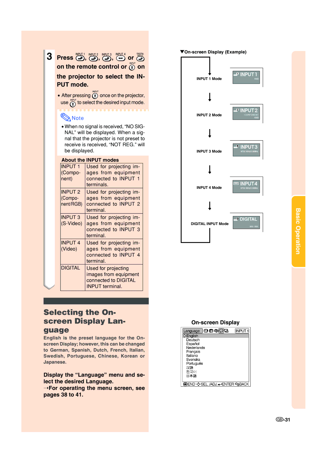 Sharp XV-Z200E operation manual Selecting the On- screen Display Lan- guage, About the Input modes 