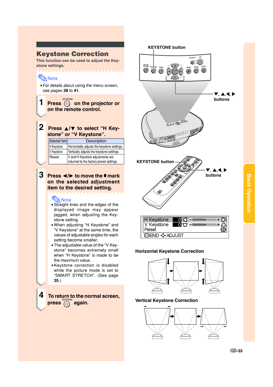 Sharp XV-Z200E operation manual Keystone Correction, To return to the normal screen Press again 