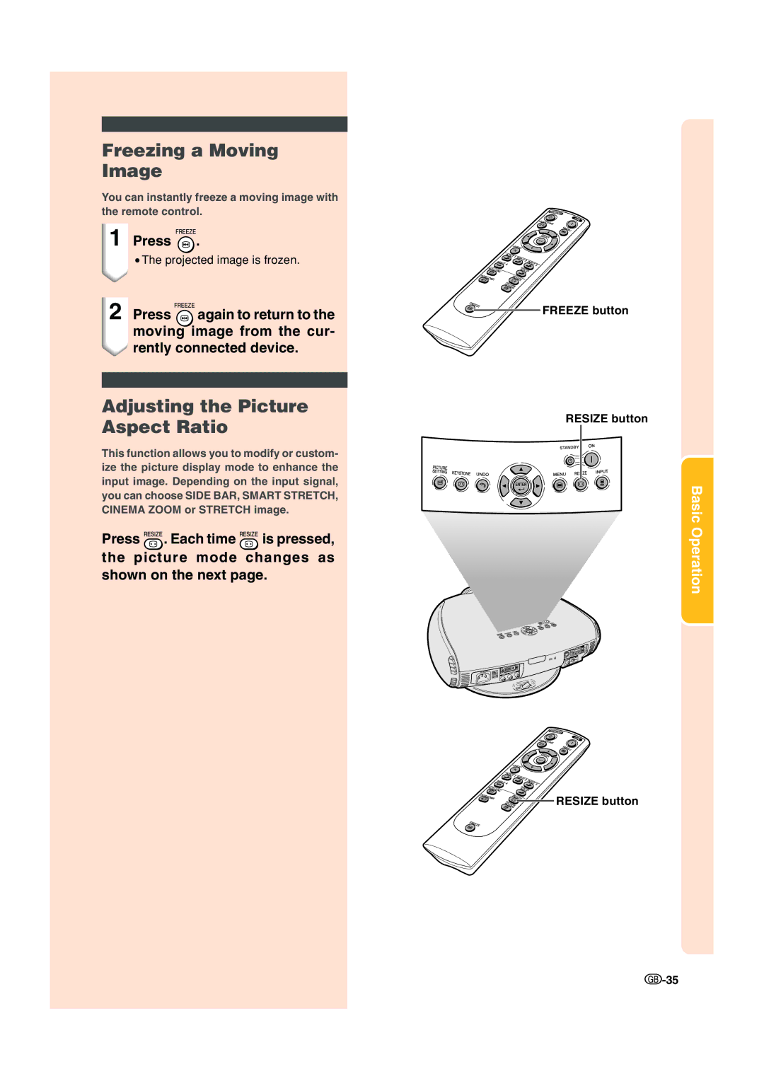 Sharp XV-Z200E operation manual Freezing a Moving Image, Adjusting the Picture Aspect Ratio, Press 