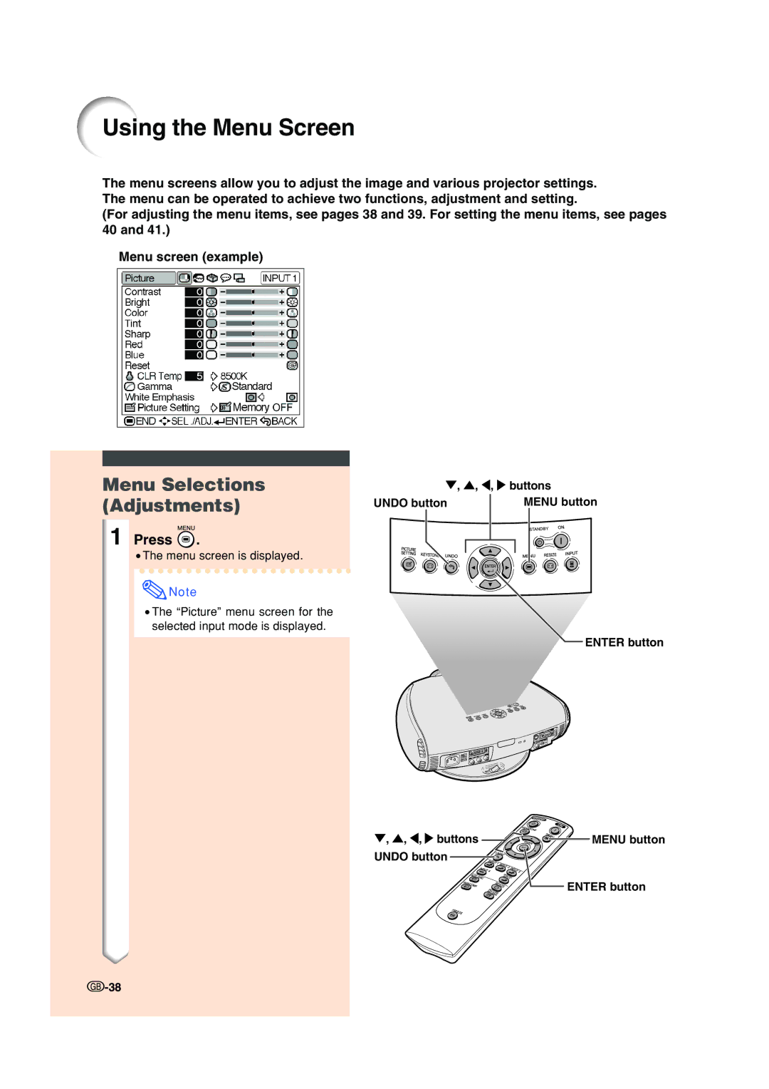 Sharp XV-Z200E operation manual Using the Menu Screen, Menu Selections Adjustments 