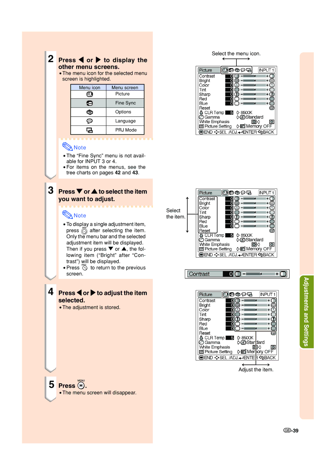 Sharp XV-Z200E Press \ or to display the other menu screens, Press or to select the item you want to adjust 