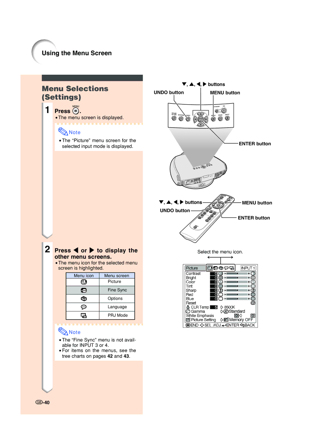 Sharp XV-Z200E operation manual Menu Selections Settings, Press \ or to display, Other menu screens 